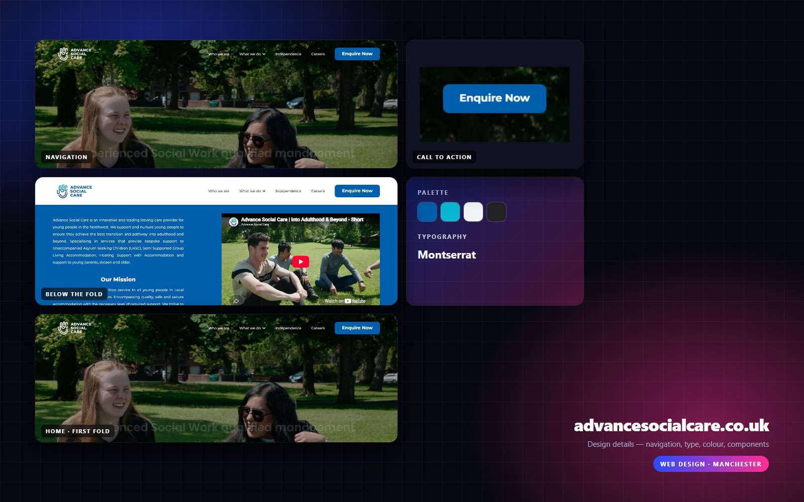 Design details from Advance Social Care: navigation, headline, buttons, colour and type