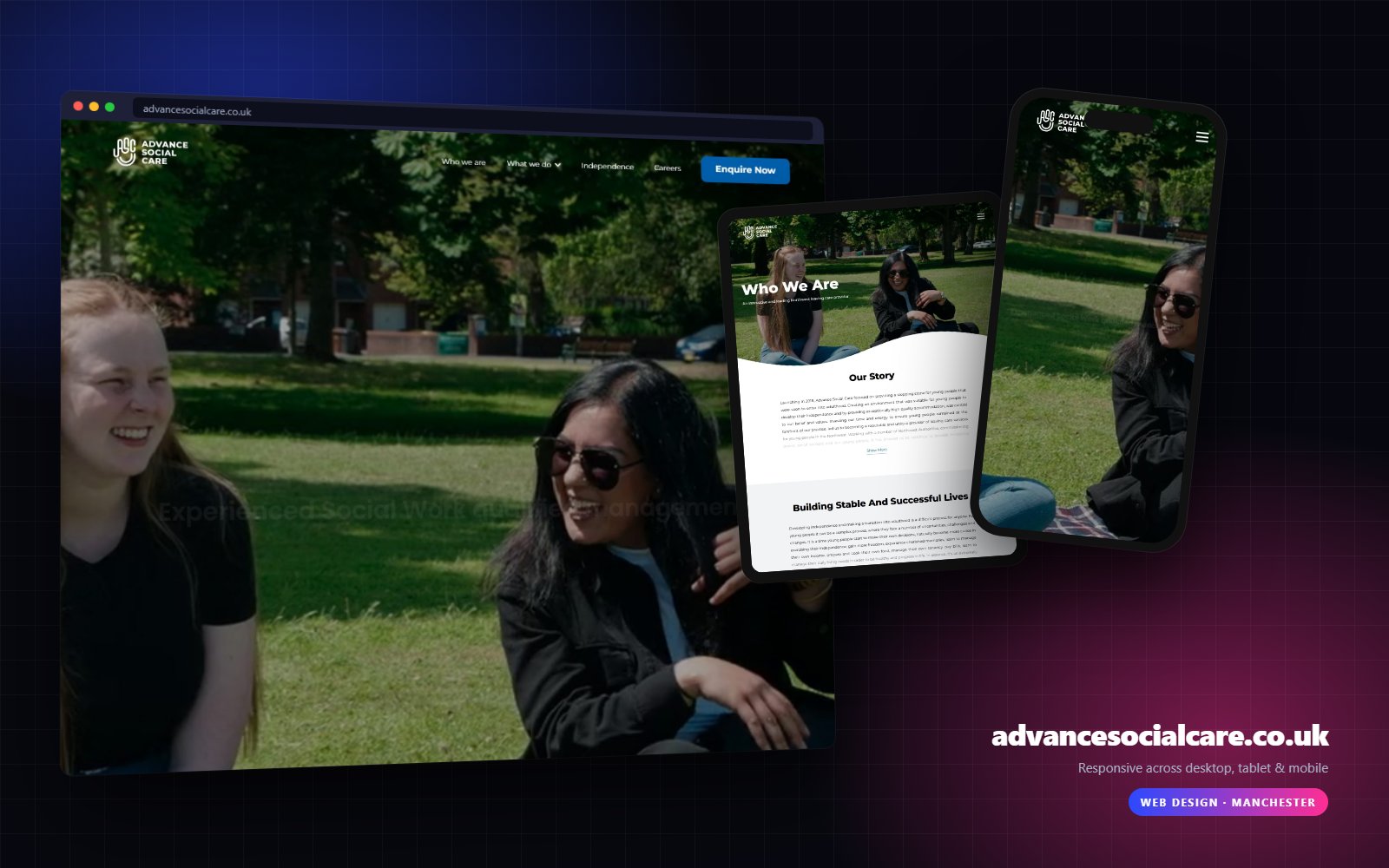 Advance Social Care website on desktop, tablet and mobile