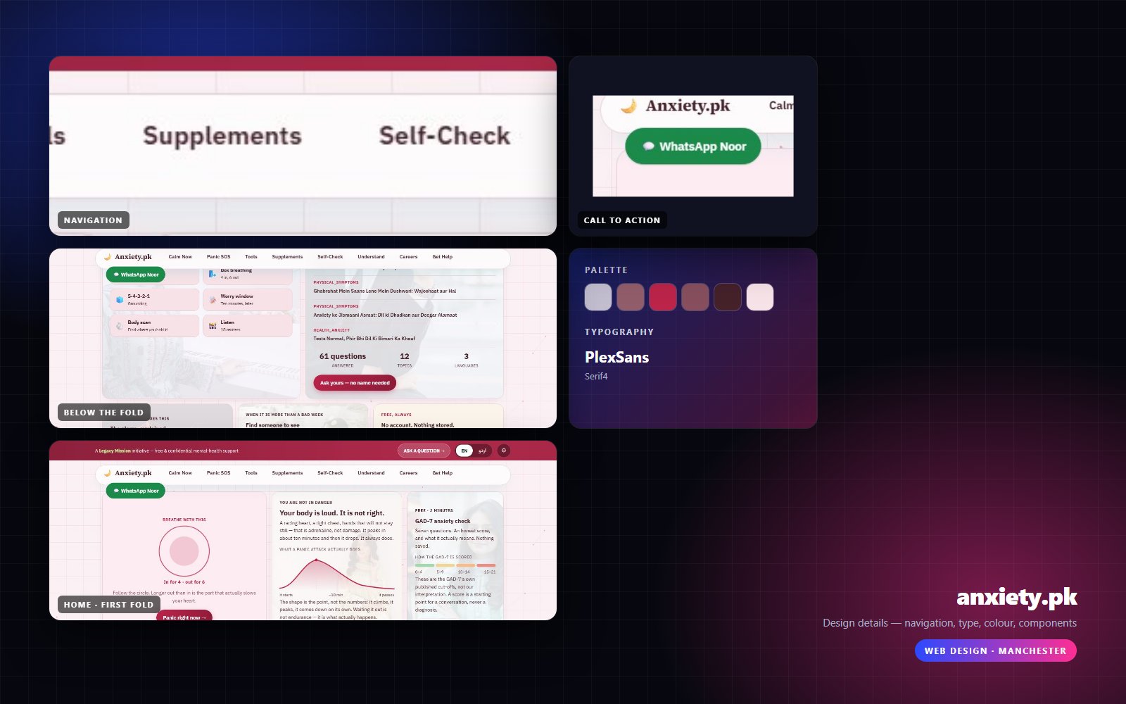 Design details from Anxiety.pk: navigation, headline, buttons, colour and type