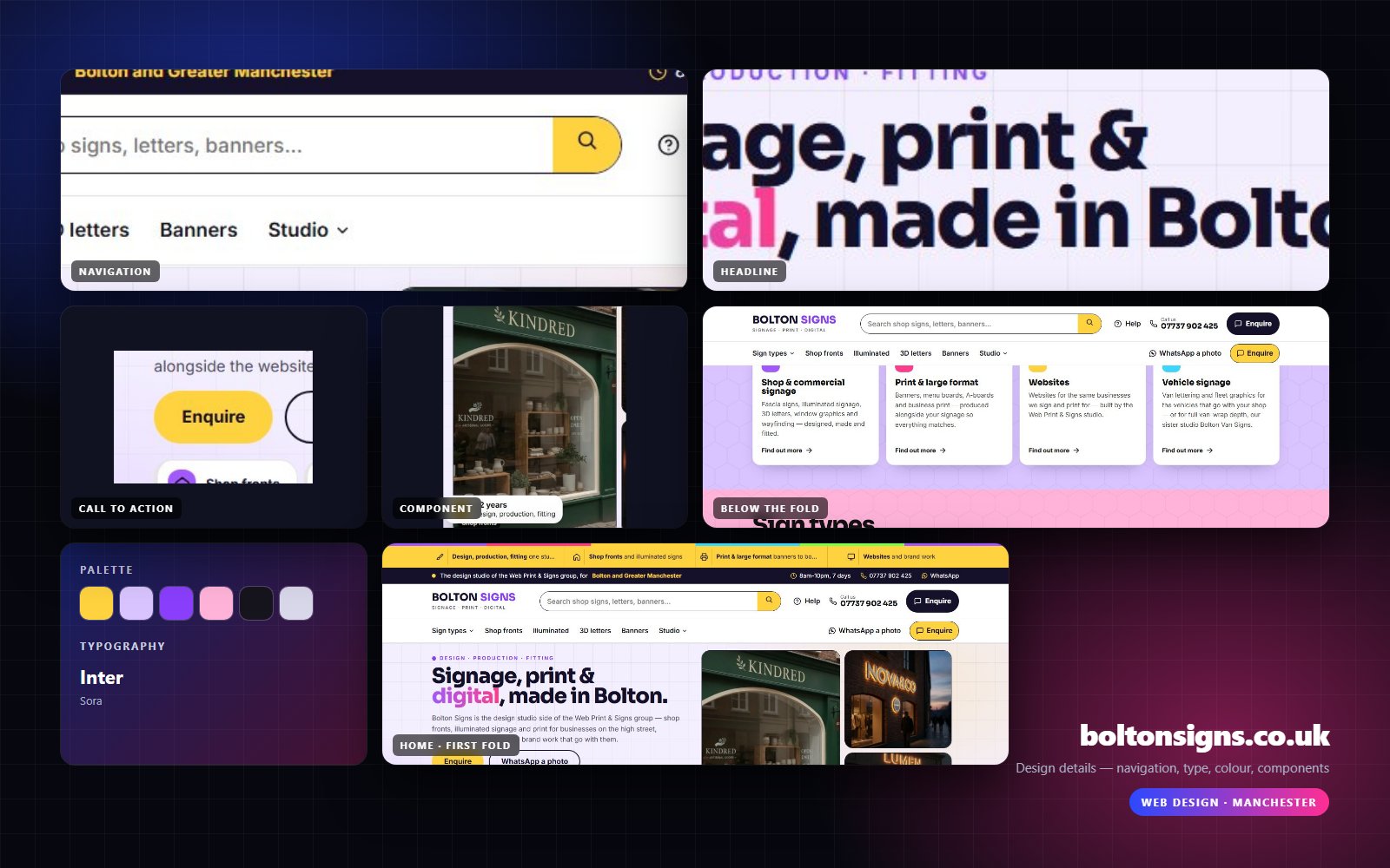 Design details from Bolton Signs: navigation, headline, buttons, colour and type