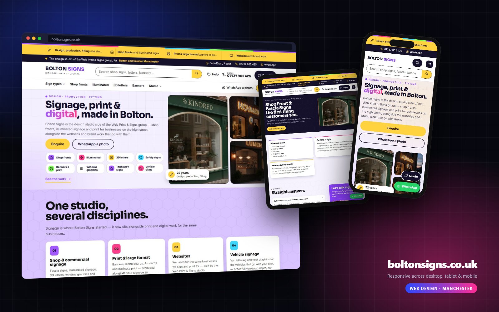 Bolton Signs website on desktop, tablet and mobile
