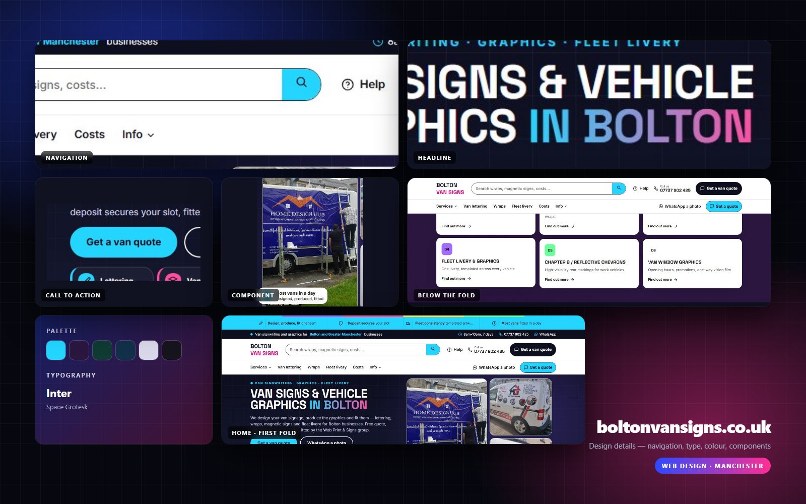 Design details from Bolton Van Signs: navigation, headline, buttons, colour and type