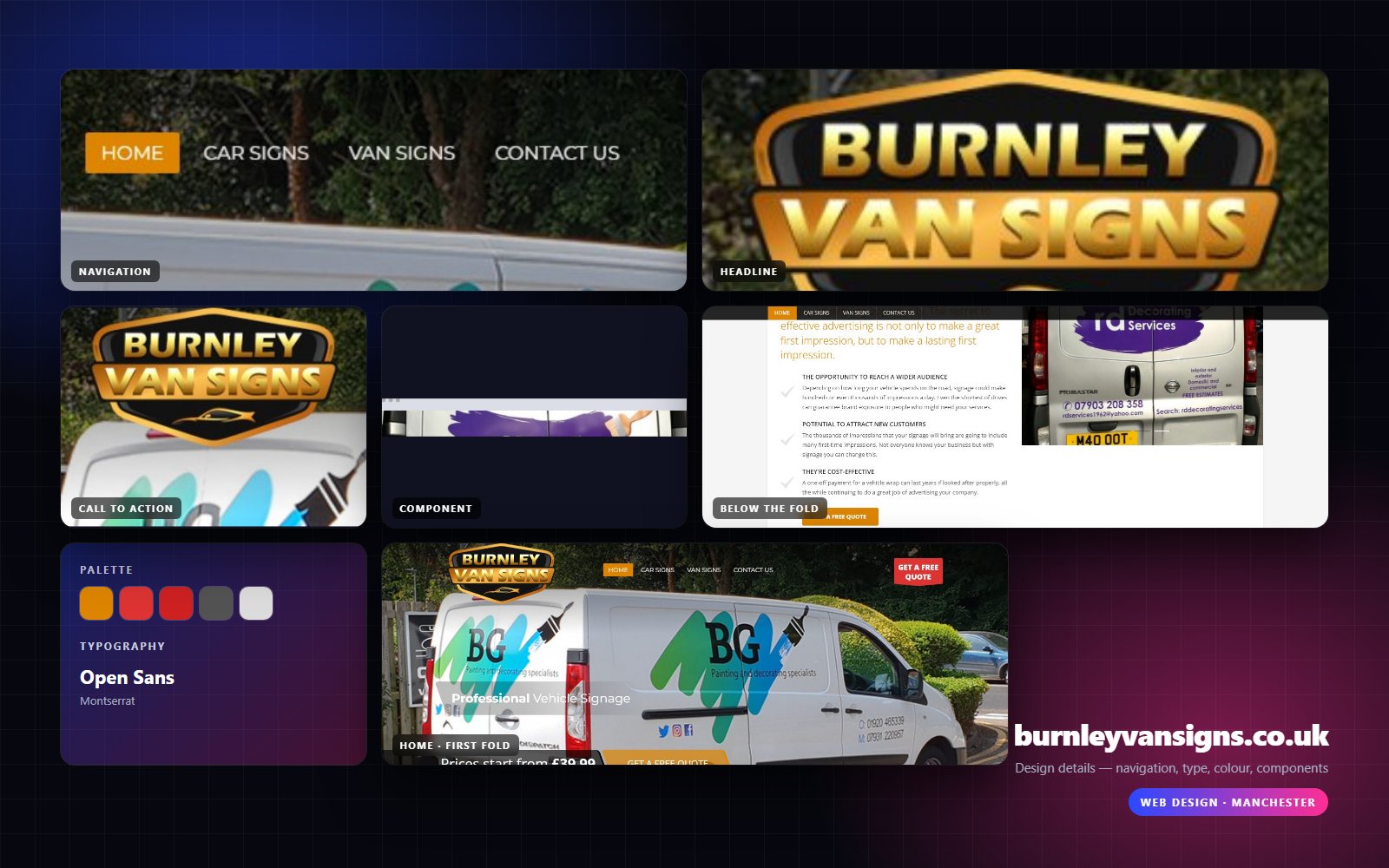 Design details from Burnley Van Signs: navigation, headline, buttons, colour and type