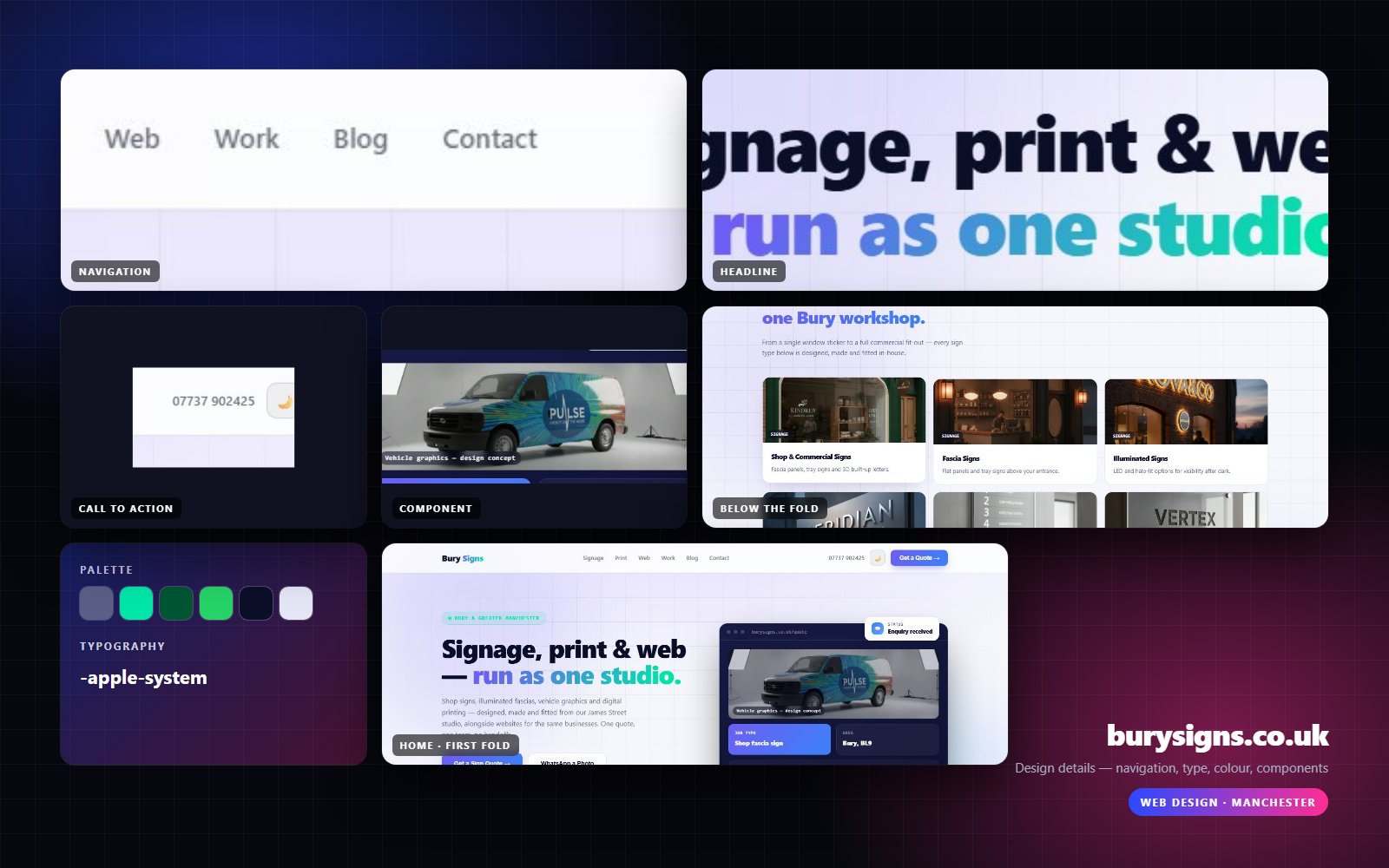Design details from Bury Signs: navigation, headline, buttons, colour and type