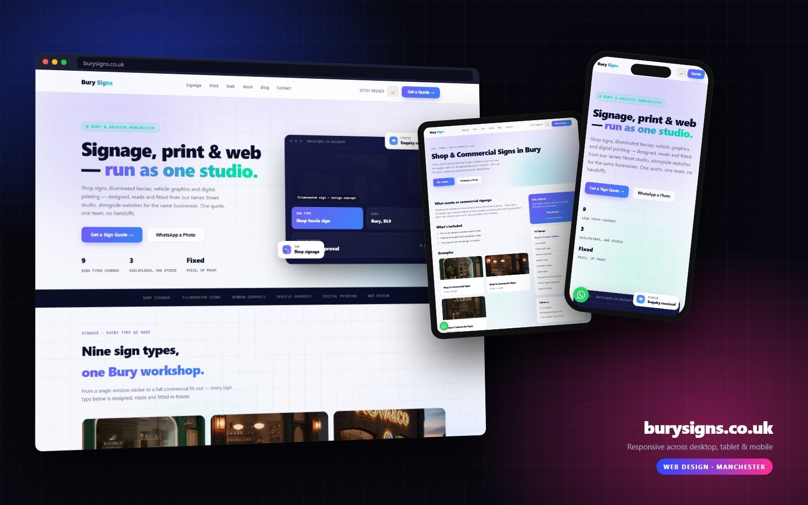 Bury Signs website on desktop, tablet and mobile