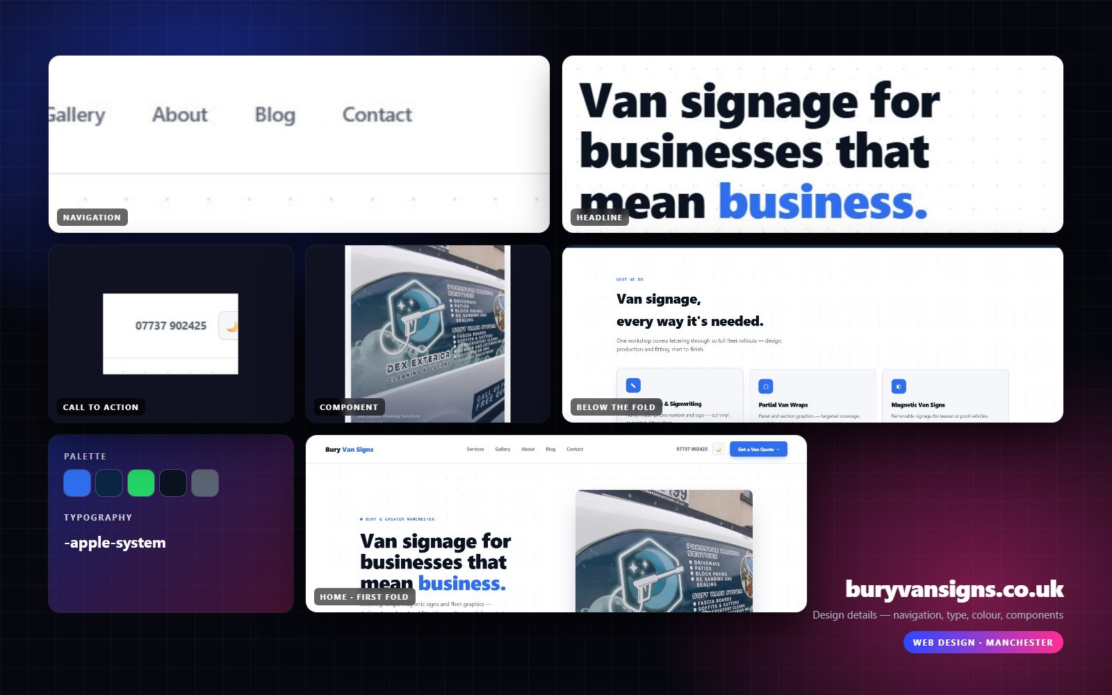 Design details from Bury Van Signs: navigation, headline, buttons, colour and type