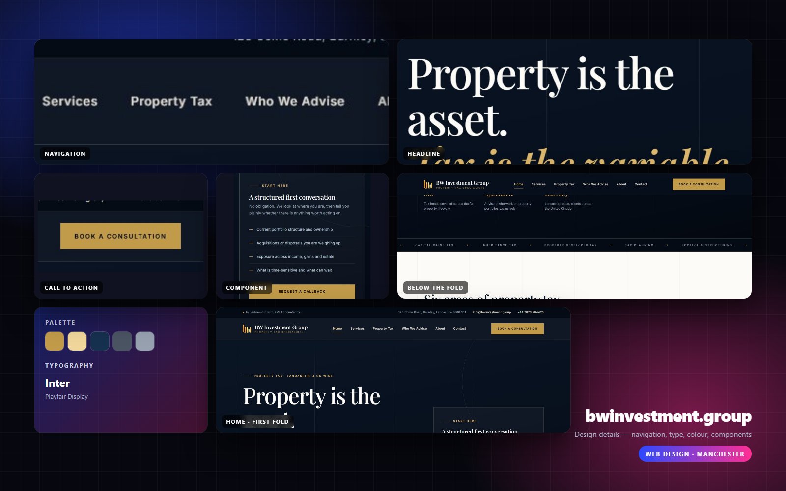 Design details from BW Investment Group: navigation, headline, buttons, colour and type