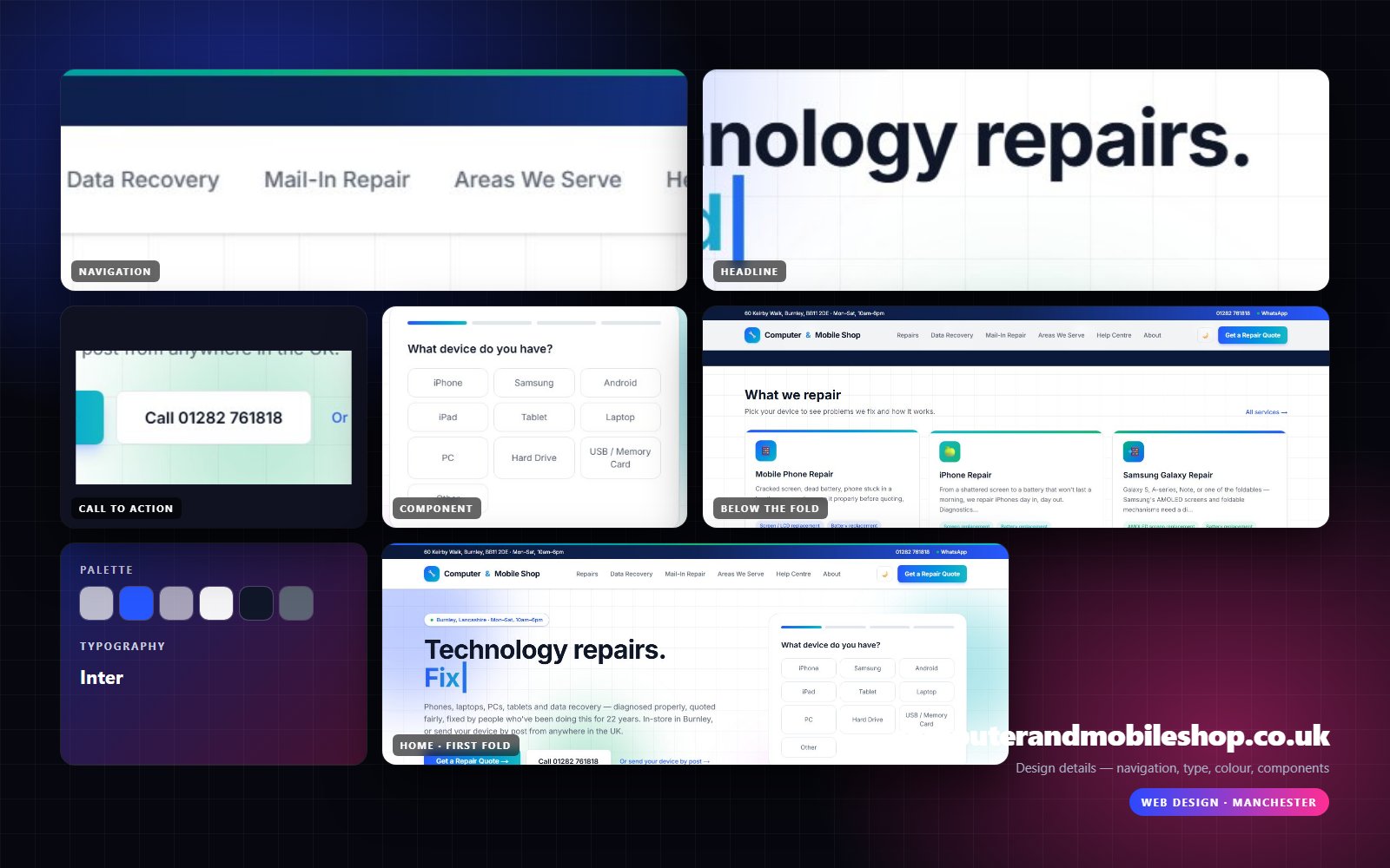Design details from Computer & Mobile Shop: navigation, headline, buttons, colour and type