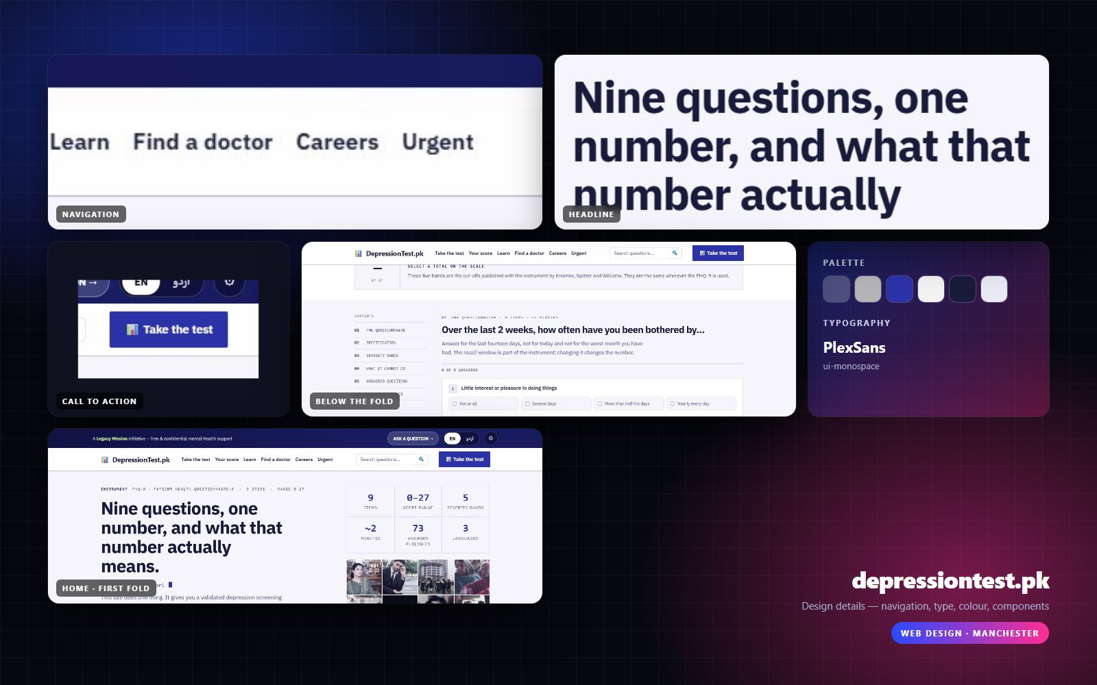 Design details from DepressionTest.pk: navigation, headline, buttons, colour and type