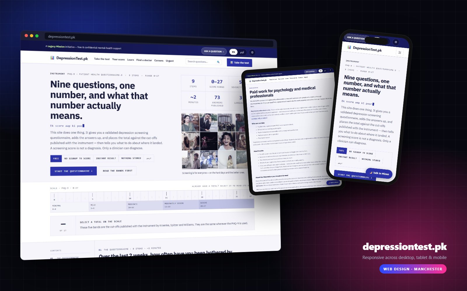 DepressionTest.pk website on desktop, tablet and mobile