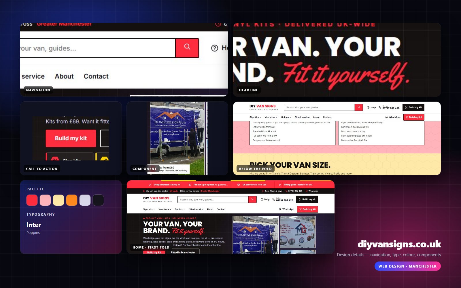 Design details from DIY Van Signs: navigation, headline, buttons, colour and type