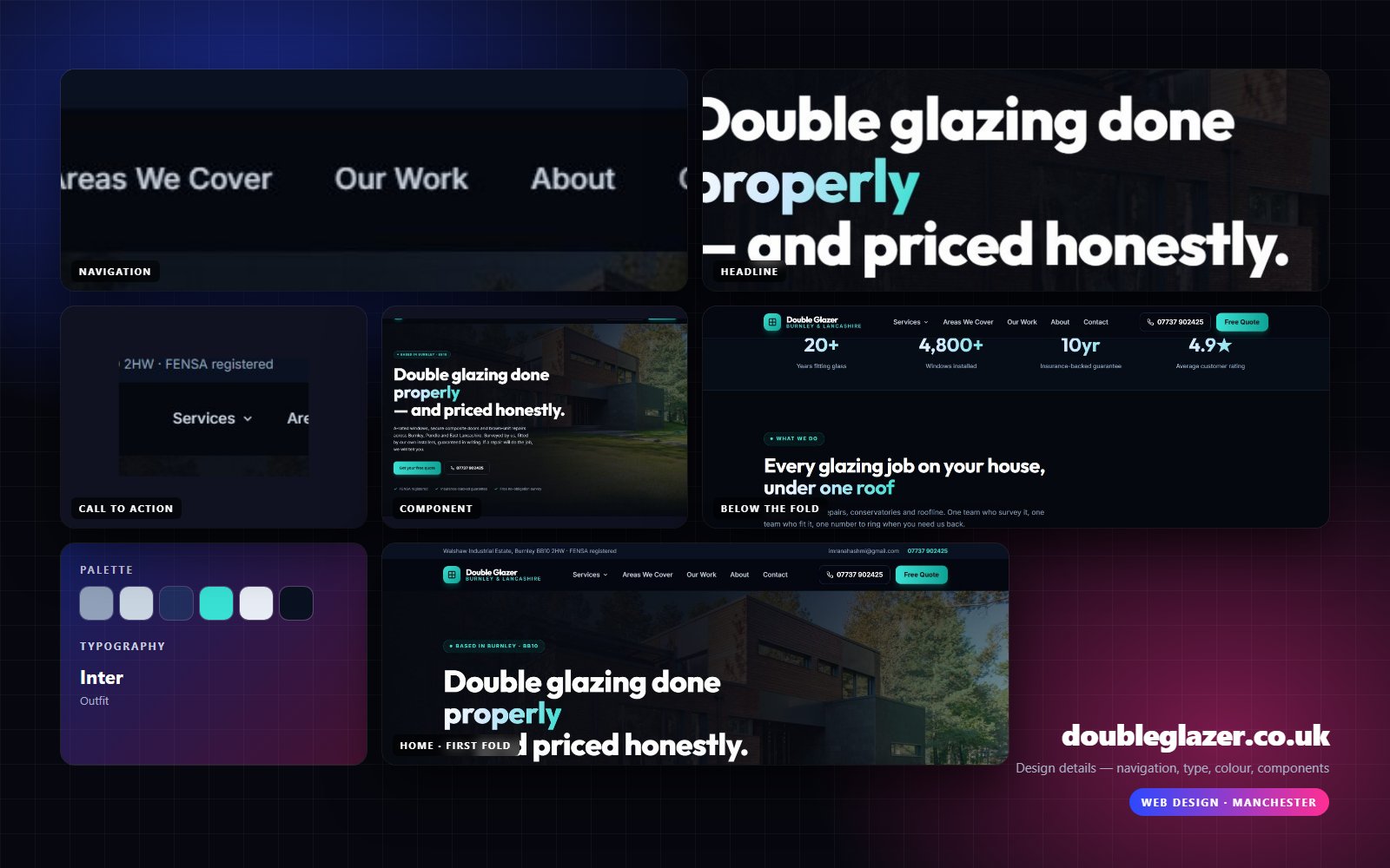 Design details from Double Glazer: navigation, headline, buttons, colour and type