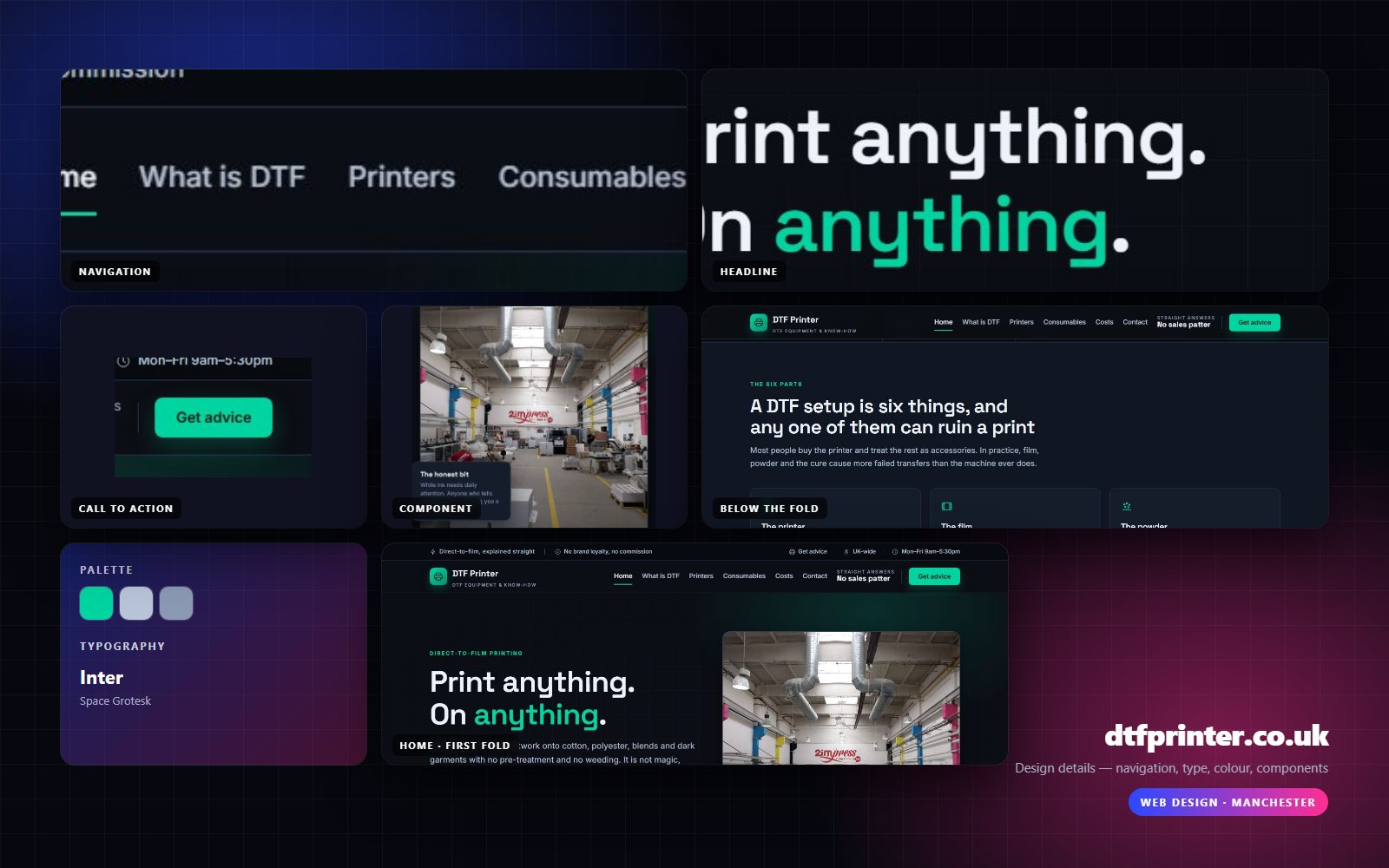 Design details from DTF Printer: navigation, headline, buttons, colour and type