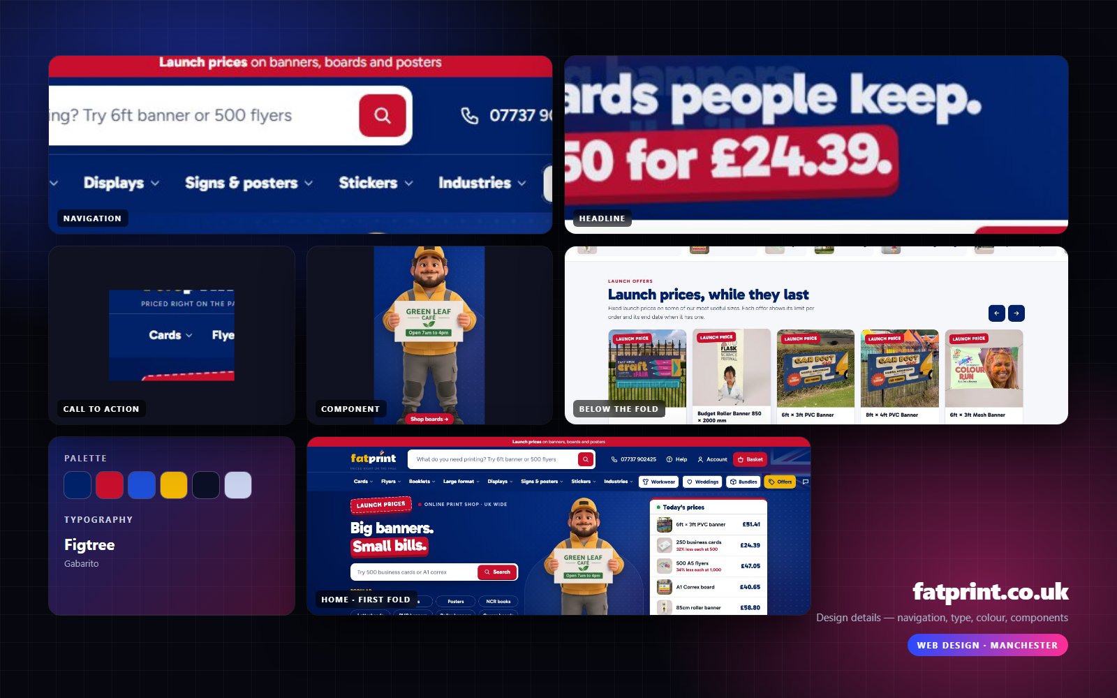 Design details from FatPrint: navigation, headline, buttons, colour and type