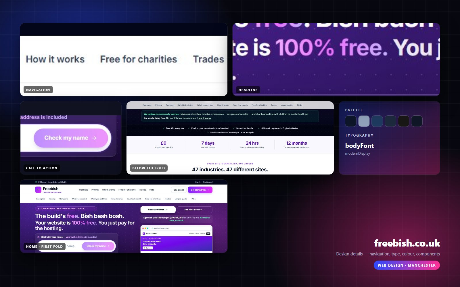 Design details from Freebish: navigation, headline, buttons, colour and type