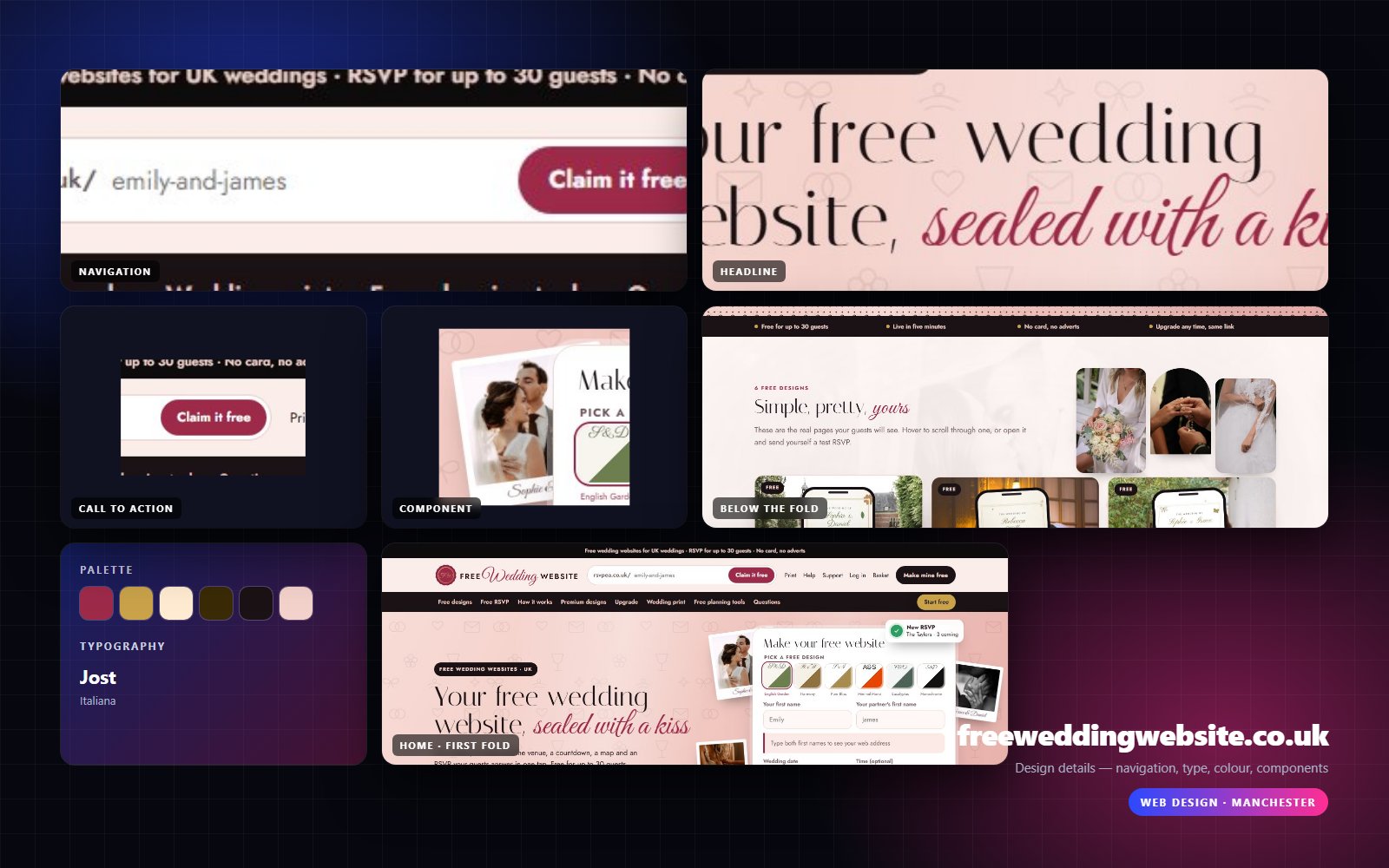 Design details from Free Wedding Website: navigation, headline, buttons, colour and type