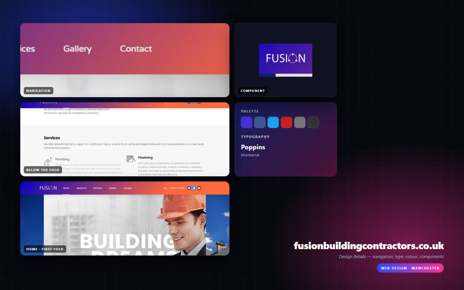 Design details from Fusion Building Contractors: navigation, headline, buttons, colour and type