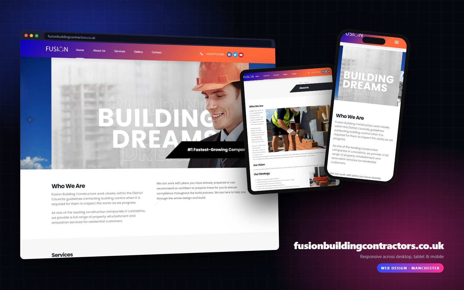 Fusion Building Contractors website on desktop, tablet and mobile