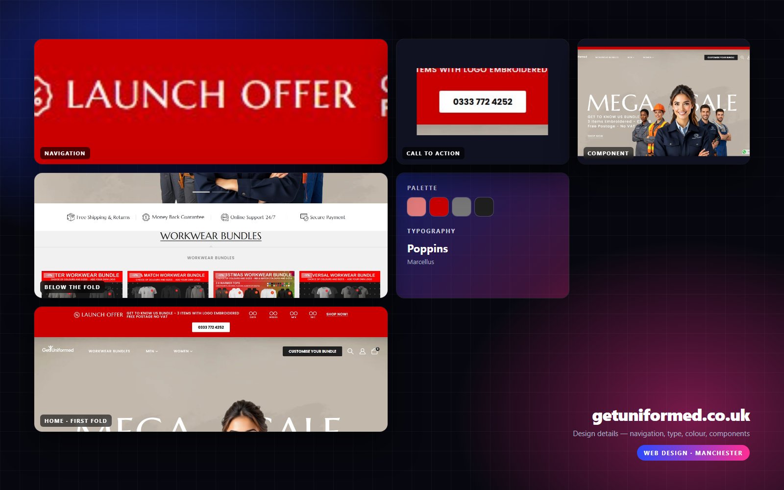 Design details from Get Uniformed: navigation, headline, buttons, colour and type