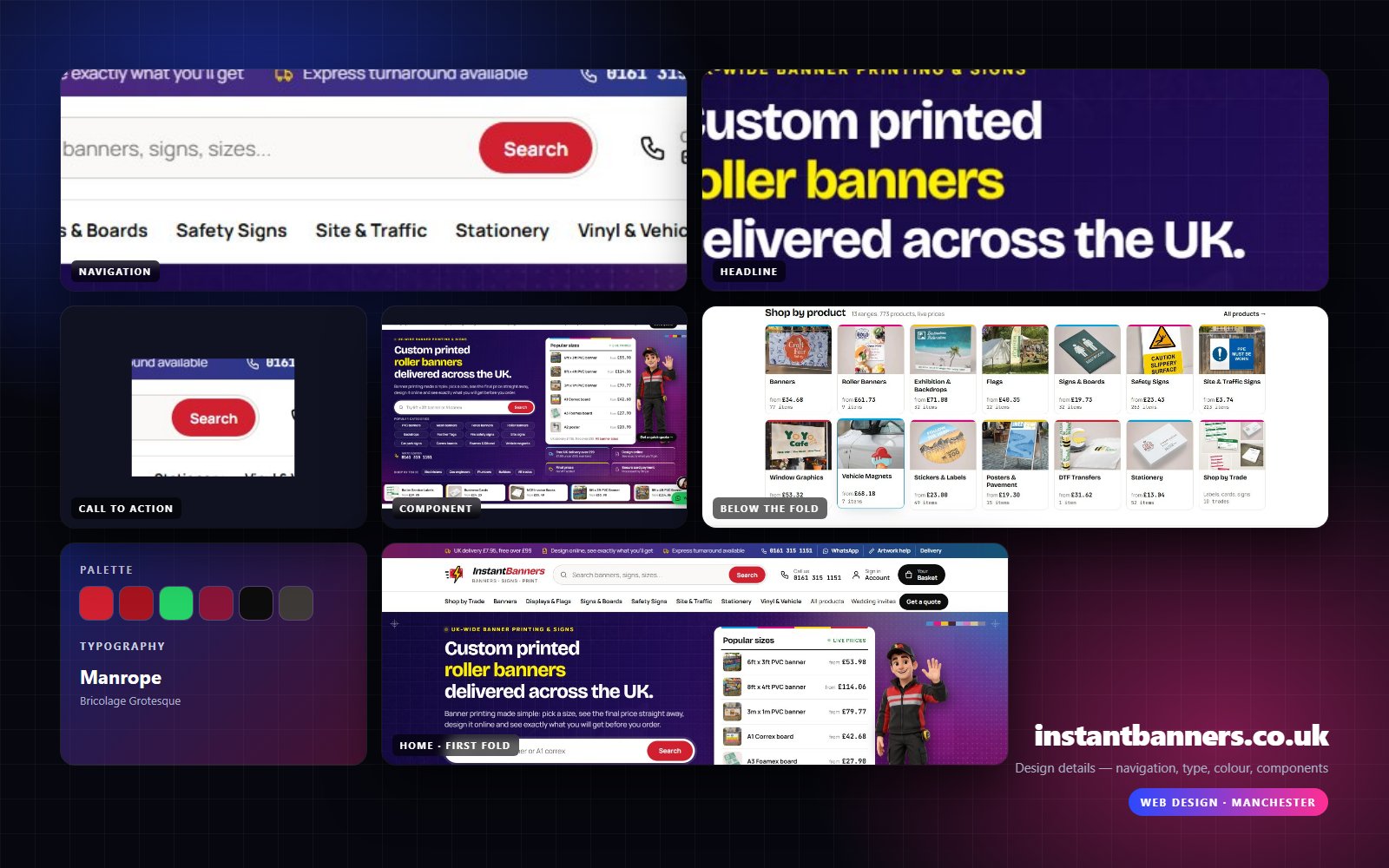 Design details from InstantBanners: navigation, headline, buttons, colour and type
