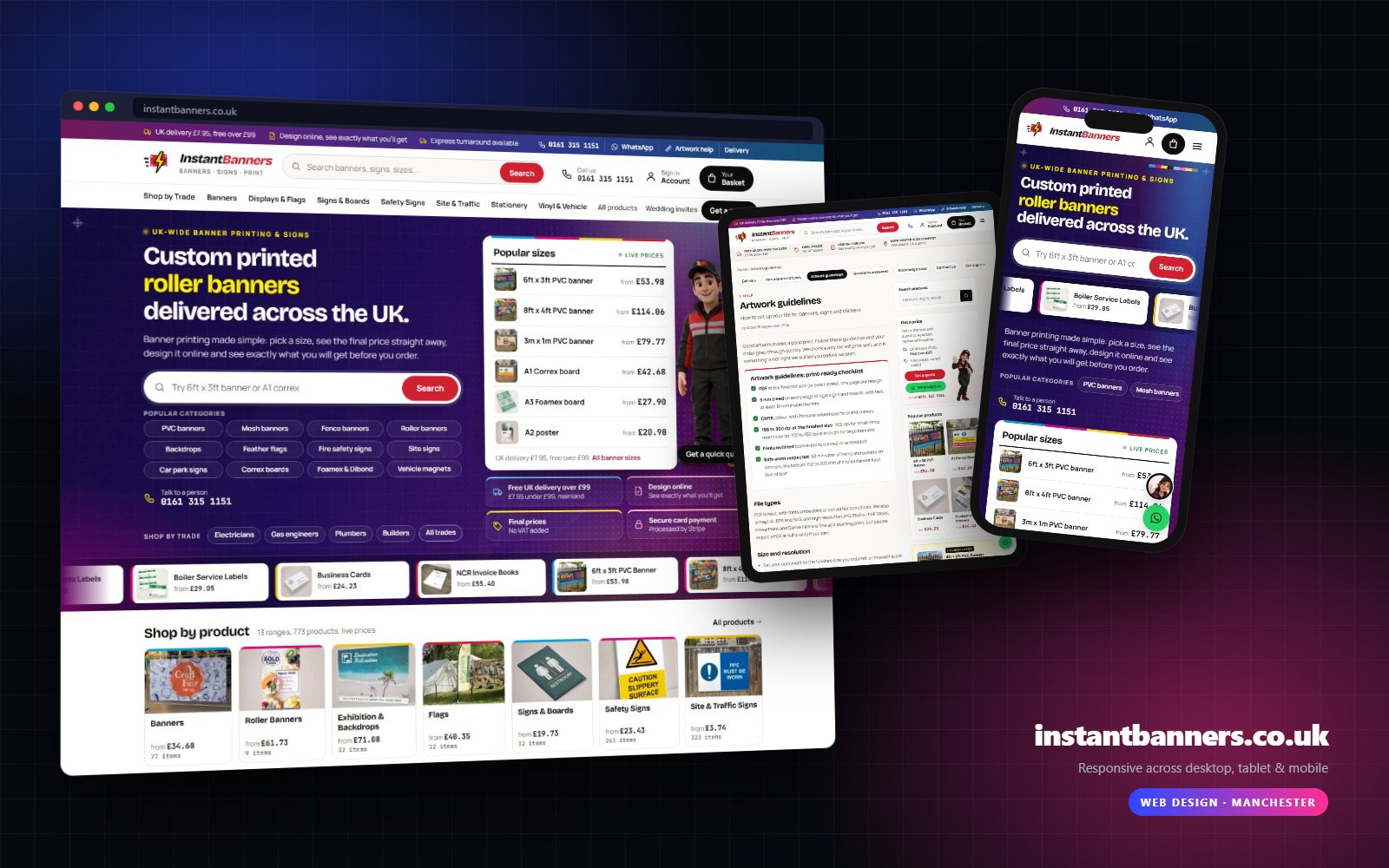 InstantBanners website on desktop, tablet and mobile