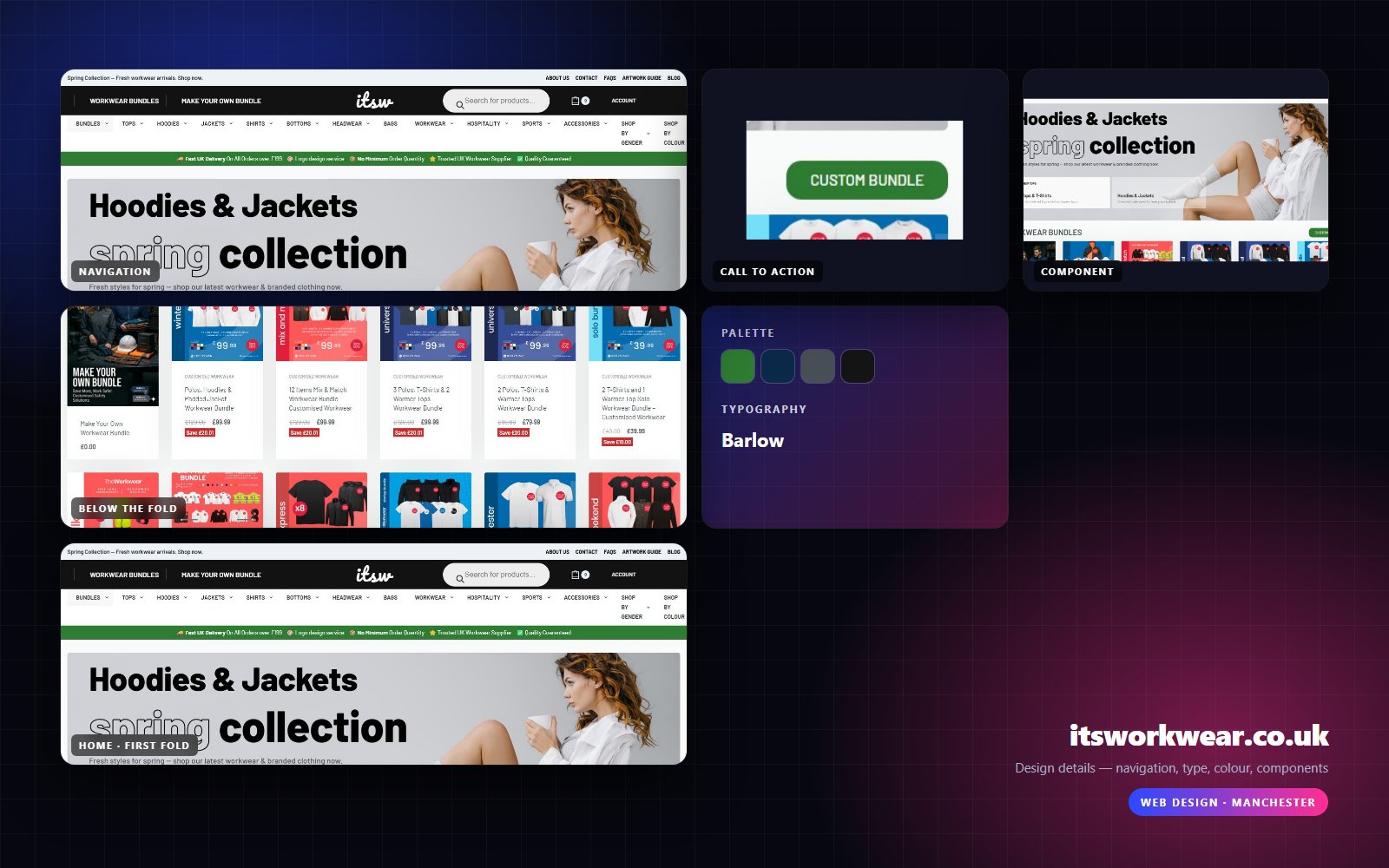 Design details from It's Workwear: navigation, headline, buttons, colour and type