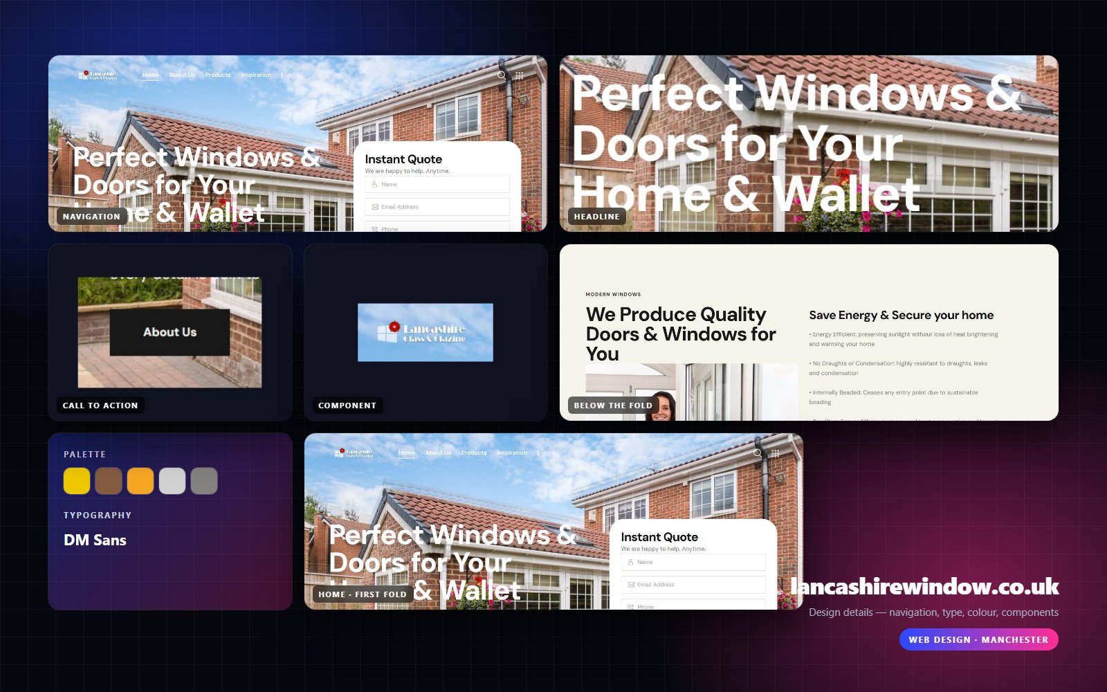 Design details from Lancashire Window: navigation, headline, buttons, colour and type
