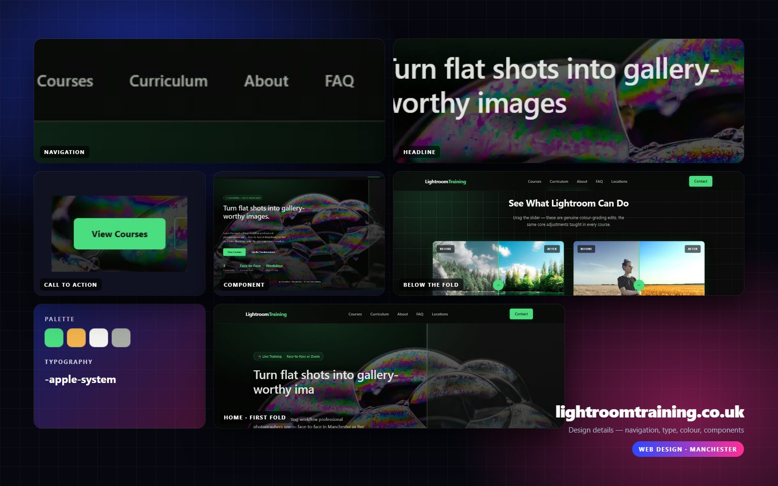 Design details from Lightroom Training: navigation, headline, buttons, colour and type