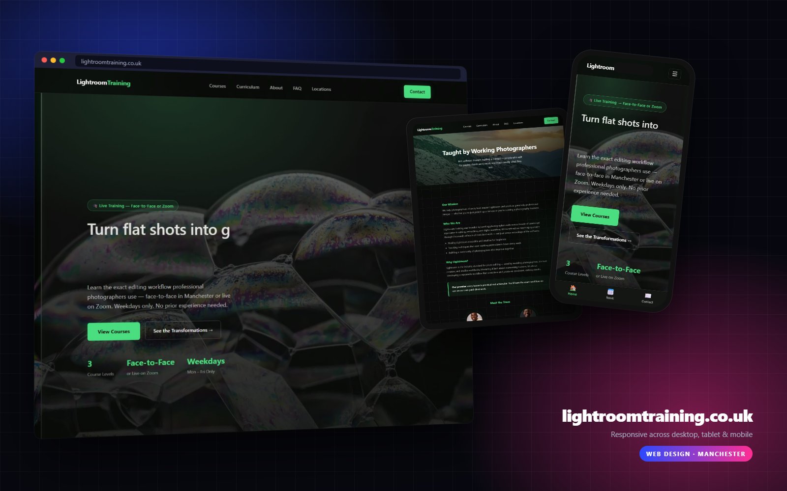 Lightroom Training website on desktop, tablet and mobile