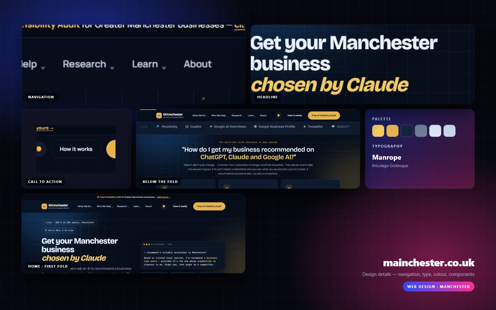 Design details from Mainchester AI: navigation, headline, buttons, colour and type