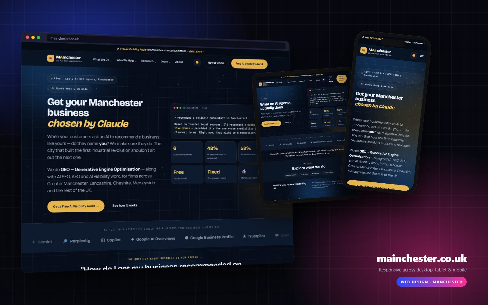Mainchester AI website on desktop, tablet and mobile