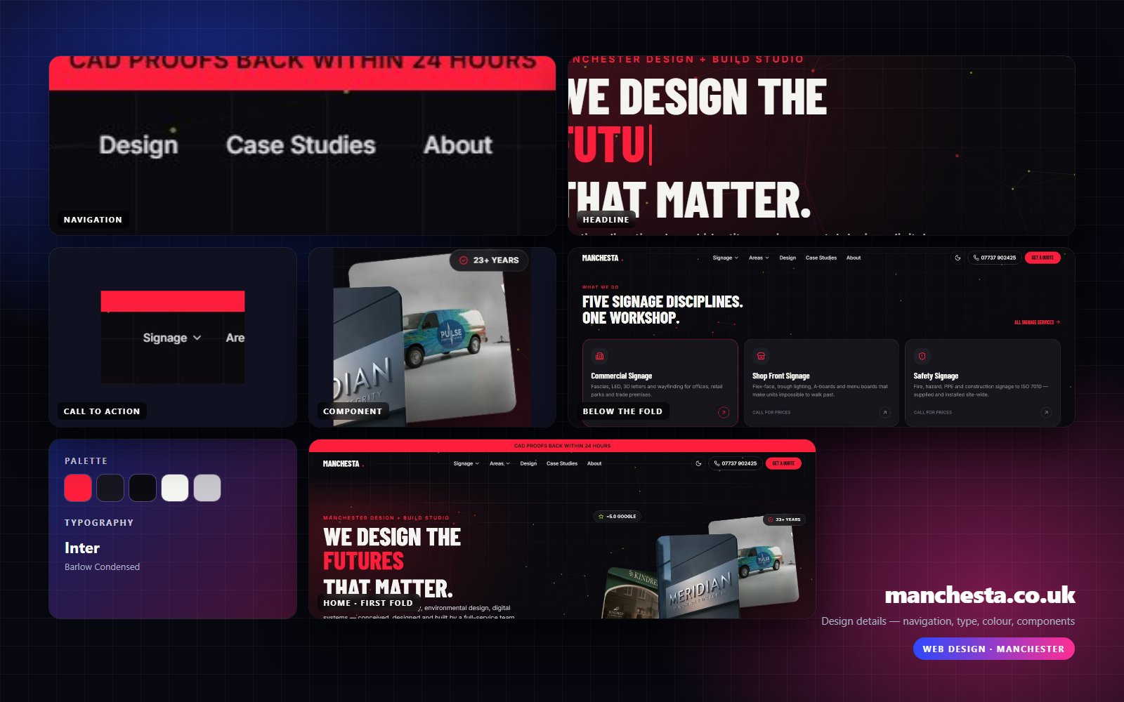 Design details from Manchesta: navigation, headline, buttons, colour and type