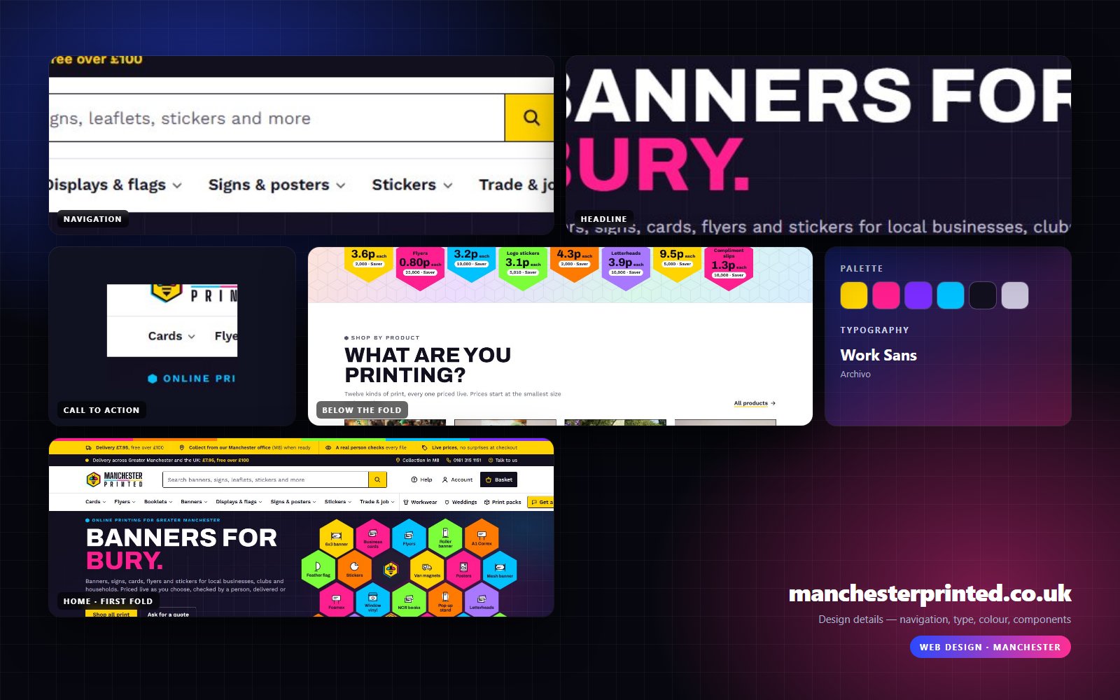 Design details from Manchester Printed: navigation, headline, buttons, colour and type