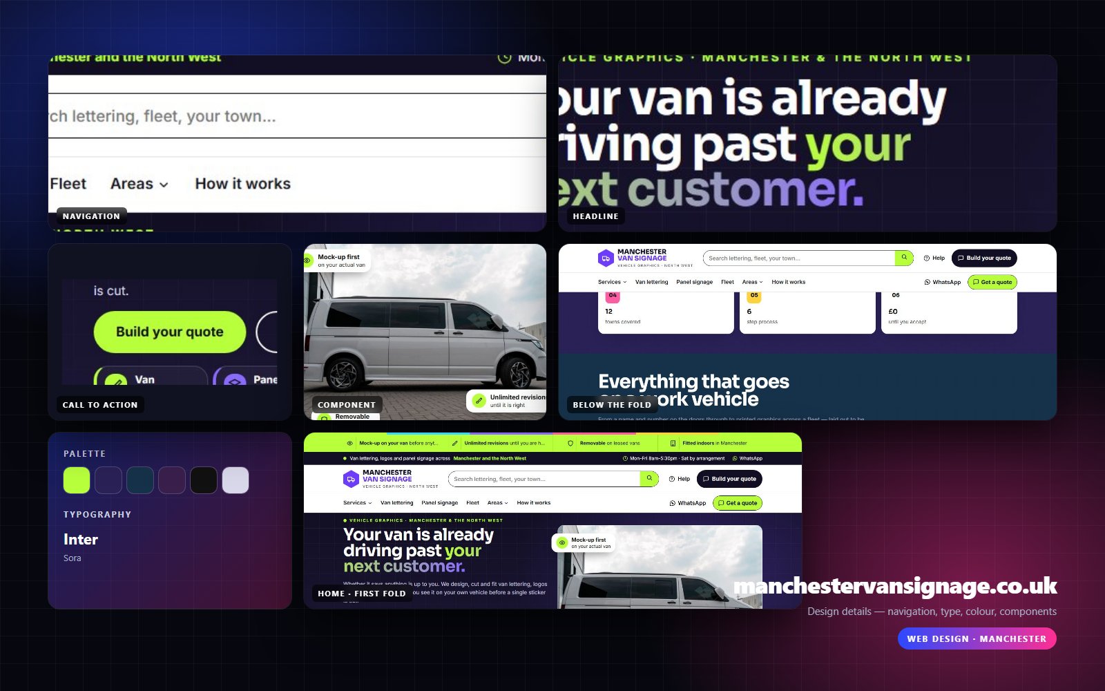 Design details from Manchester Van Signage: navigation, headline, buttons, colour and type