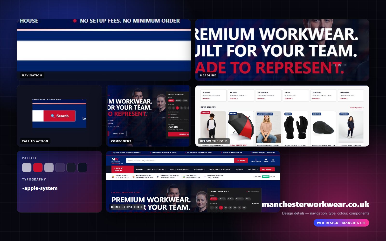 Design details from Manchester Workwear: navigation, headline, buttons, colour and type