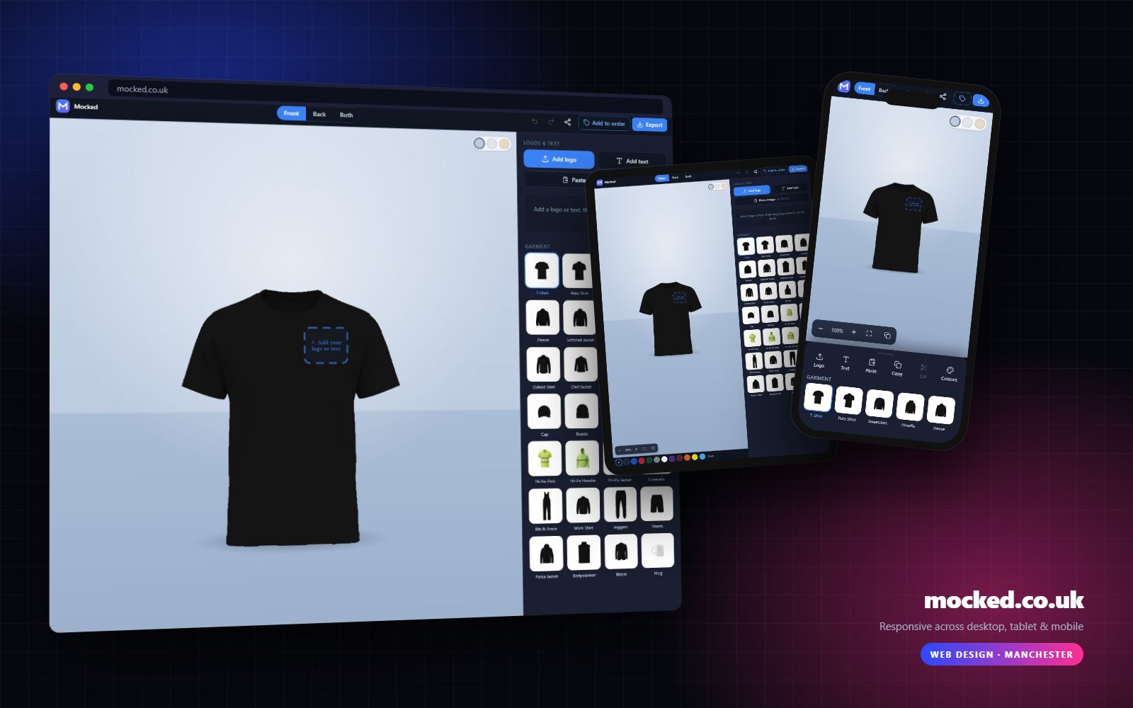 Mocked website on desktop, tablet and mobile
