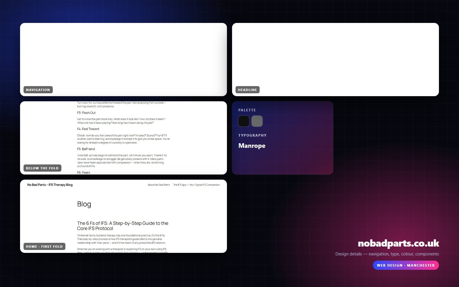 Design details from No Bad Parts: navigation, headline, buttons, colour and type