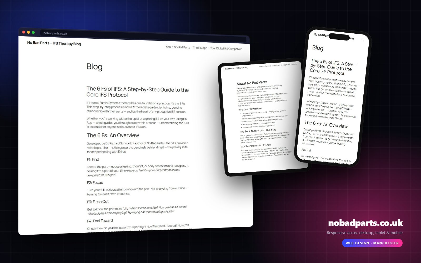No Bad Parts website on desktop, tablet and mobile