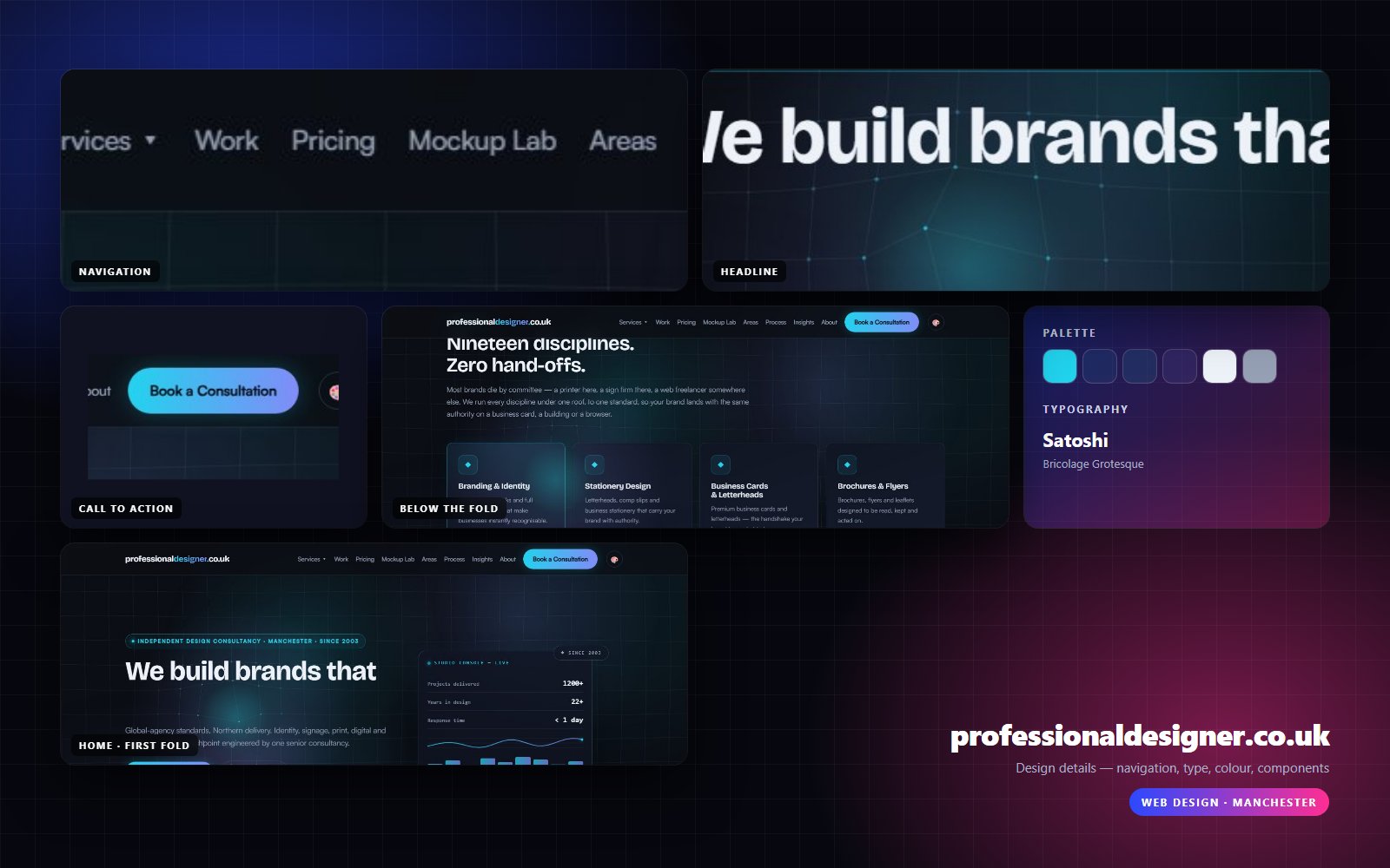 Design details from Professional Designer: navigation, headline, buttons, colour and type