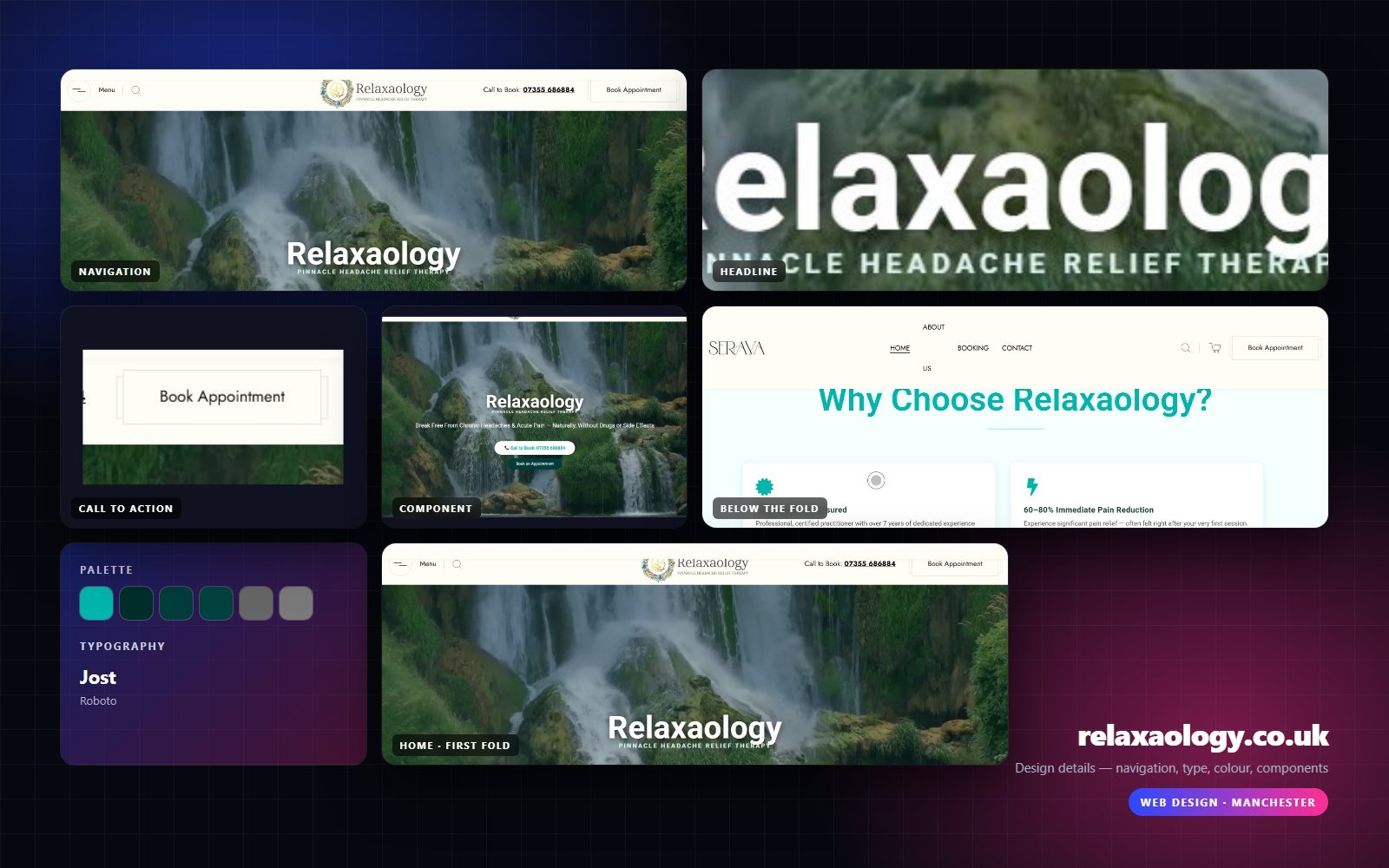 Design details from Relaxaology: navigation, headline, buttons, colour and type