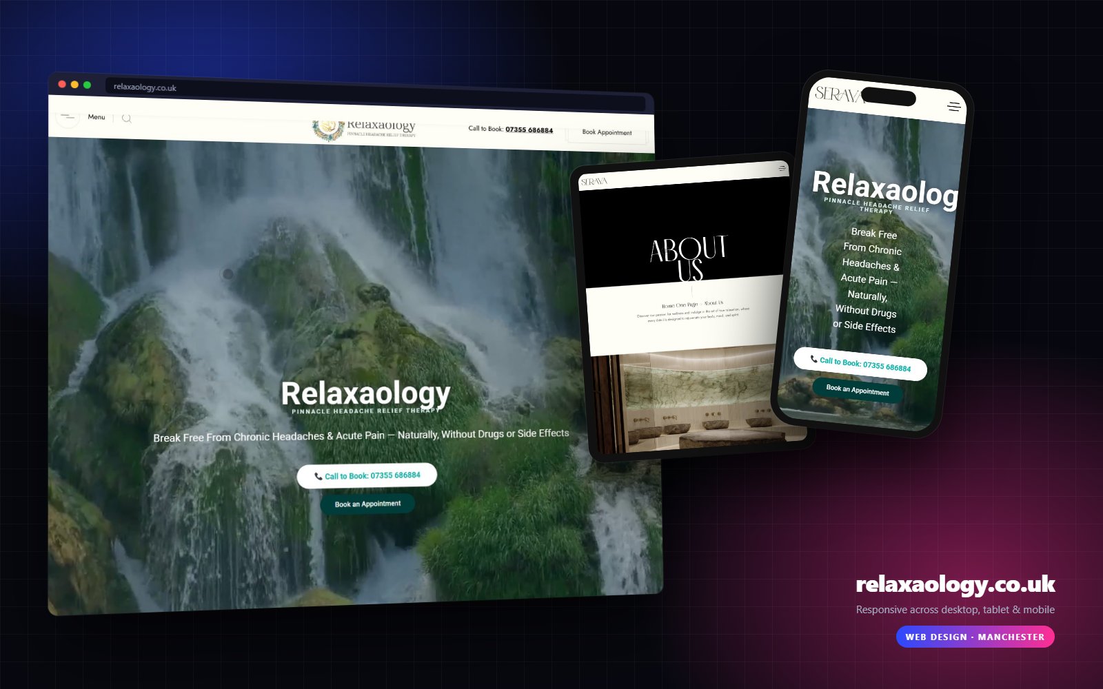 Relaxaology website on desktop, tablet and mobile