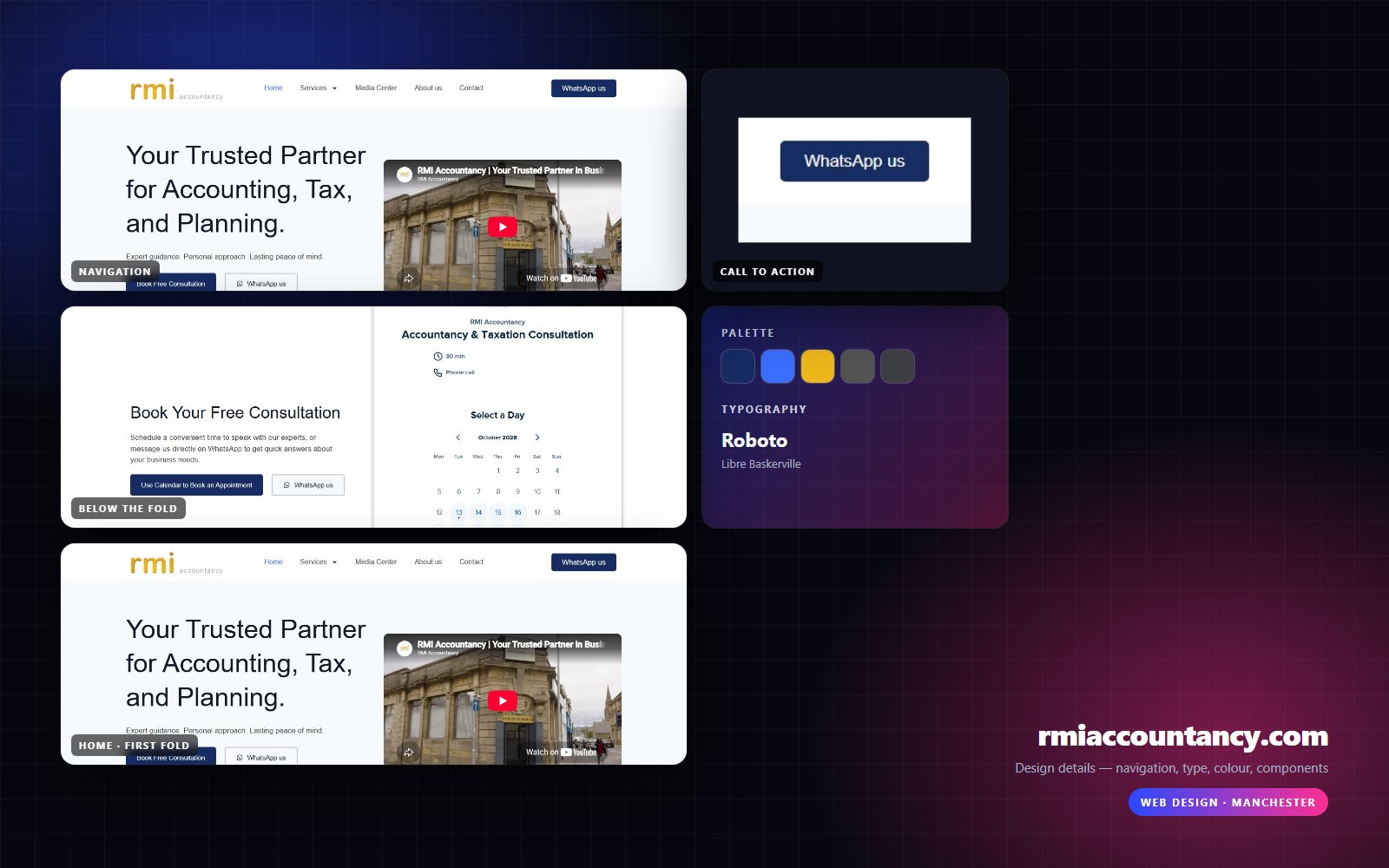 Design details from RMI Accountancy: navigation, headline, buttons, colour and type