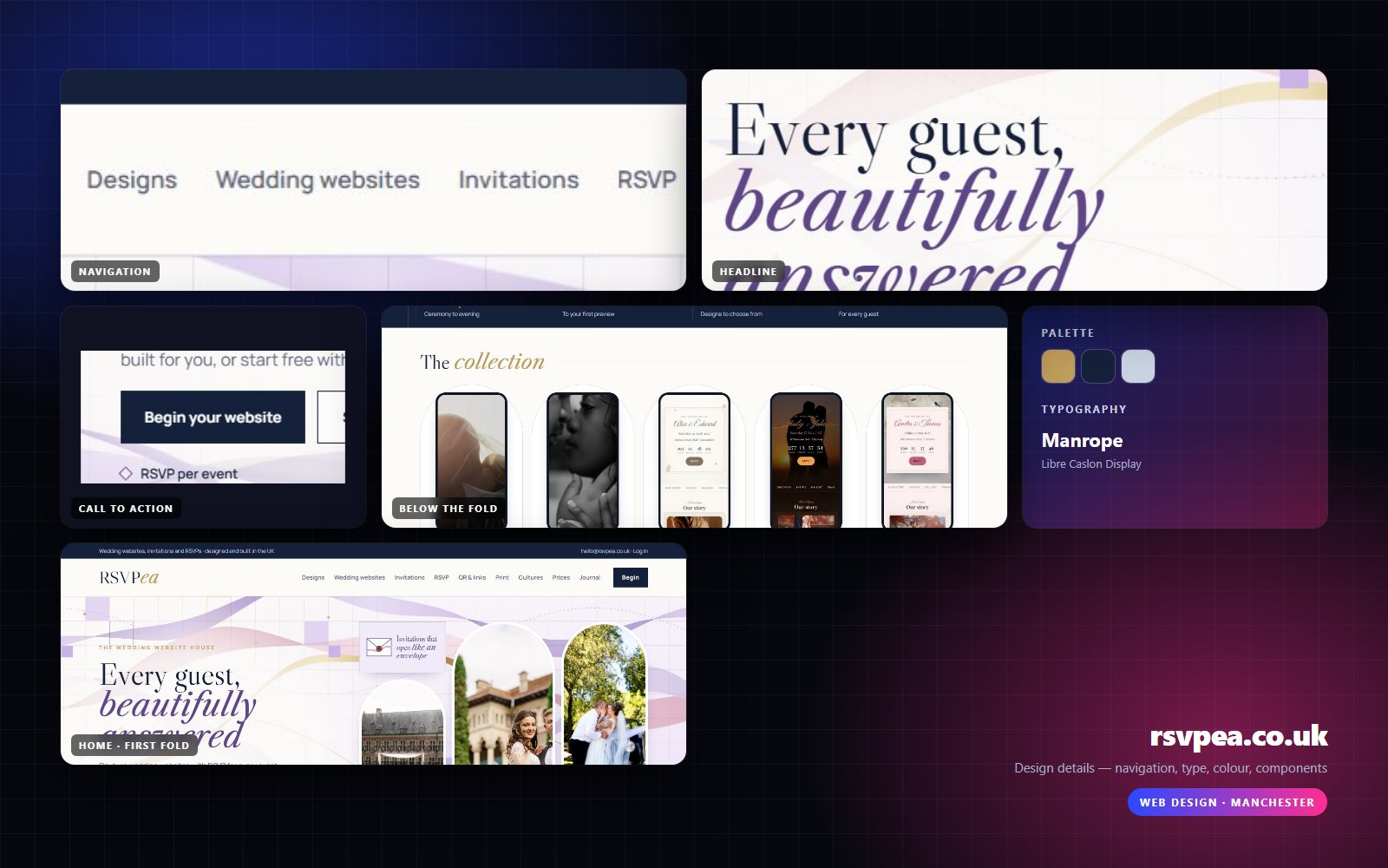 Design details from RSVPea: navigation, headline, buttons, colour and type