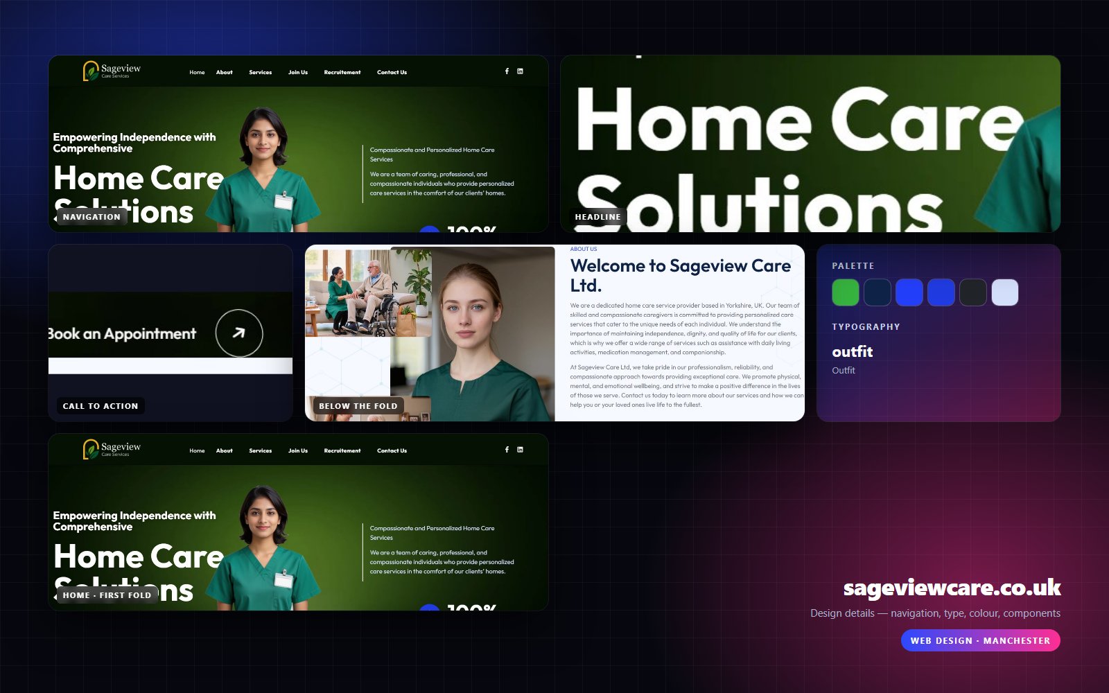 Design details from Sageview Care: navigation, headline, buttons, colour and type