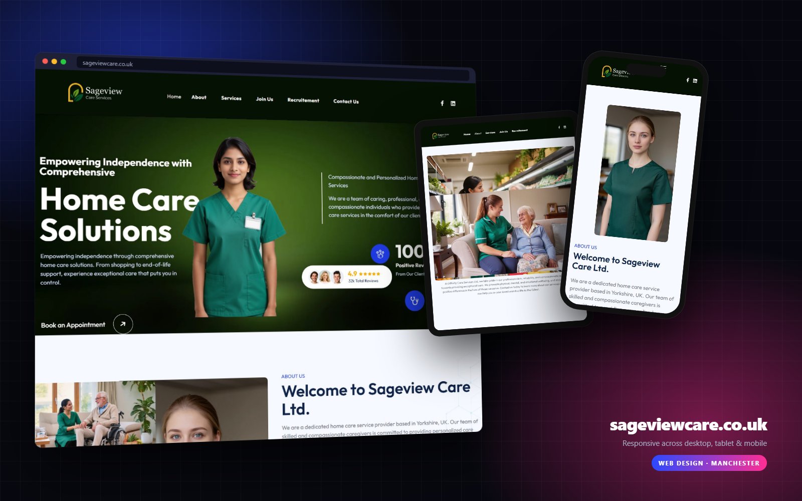 Sageview Care website on desktop, tablet and mobile
