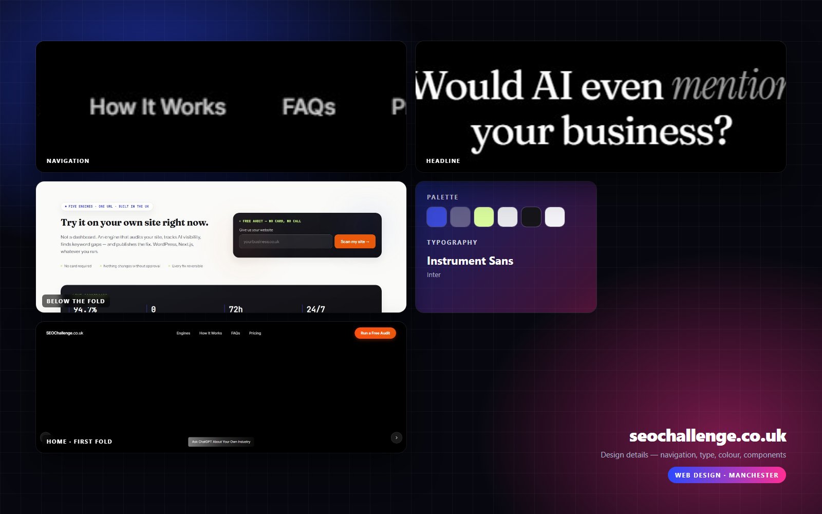 Design details from SEO Challenge: navigation, headline, buttons, colour and type