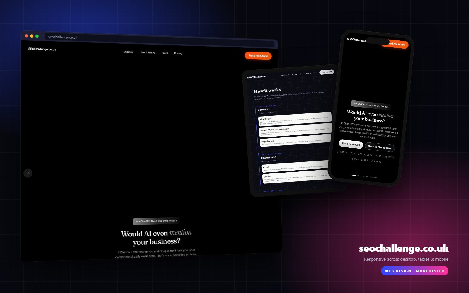 SEO Challenge website on desktop, tablet and mobile