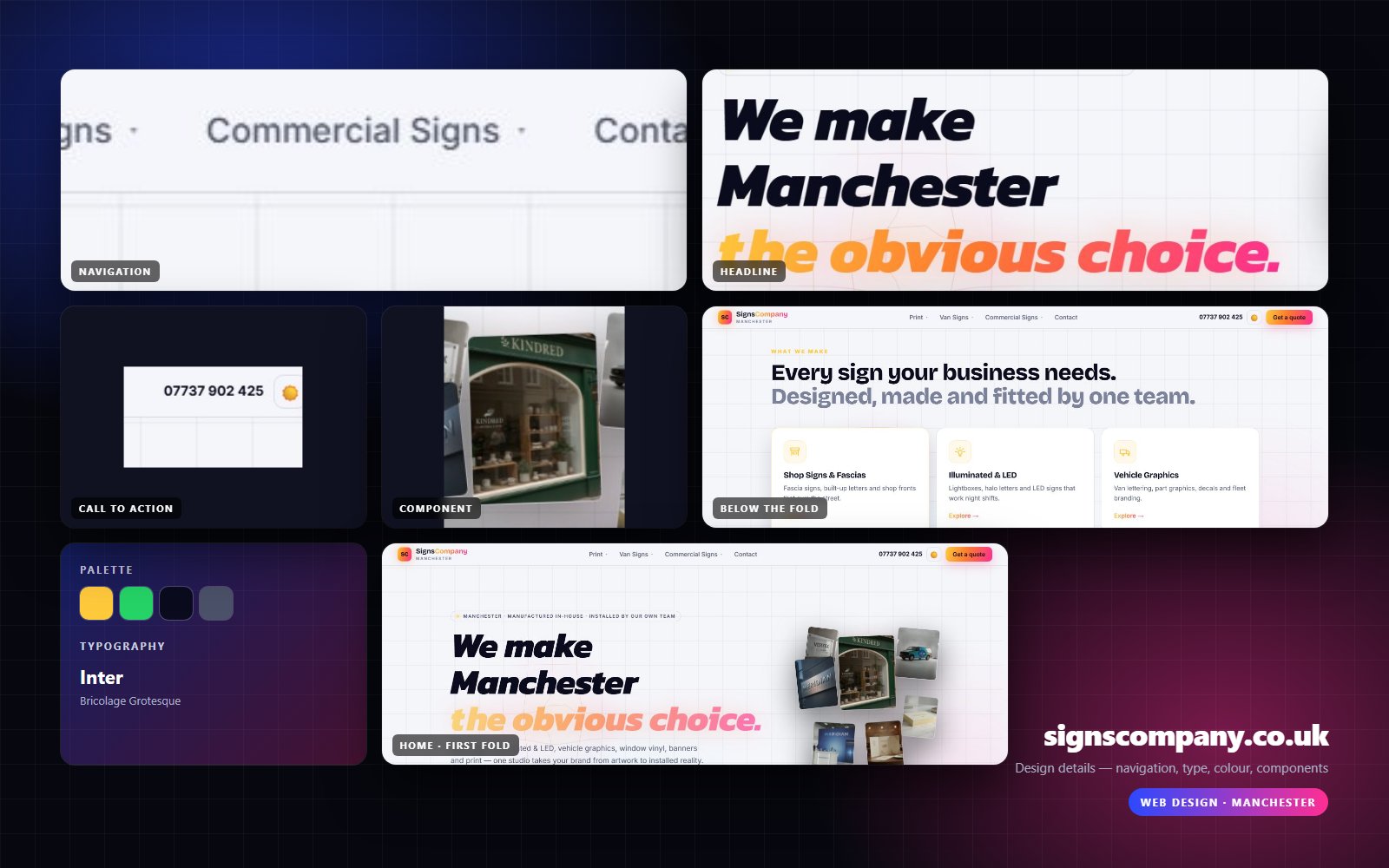Design details from Signs Company: navigation, headline, buttons, colour and type