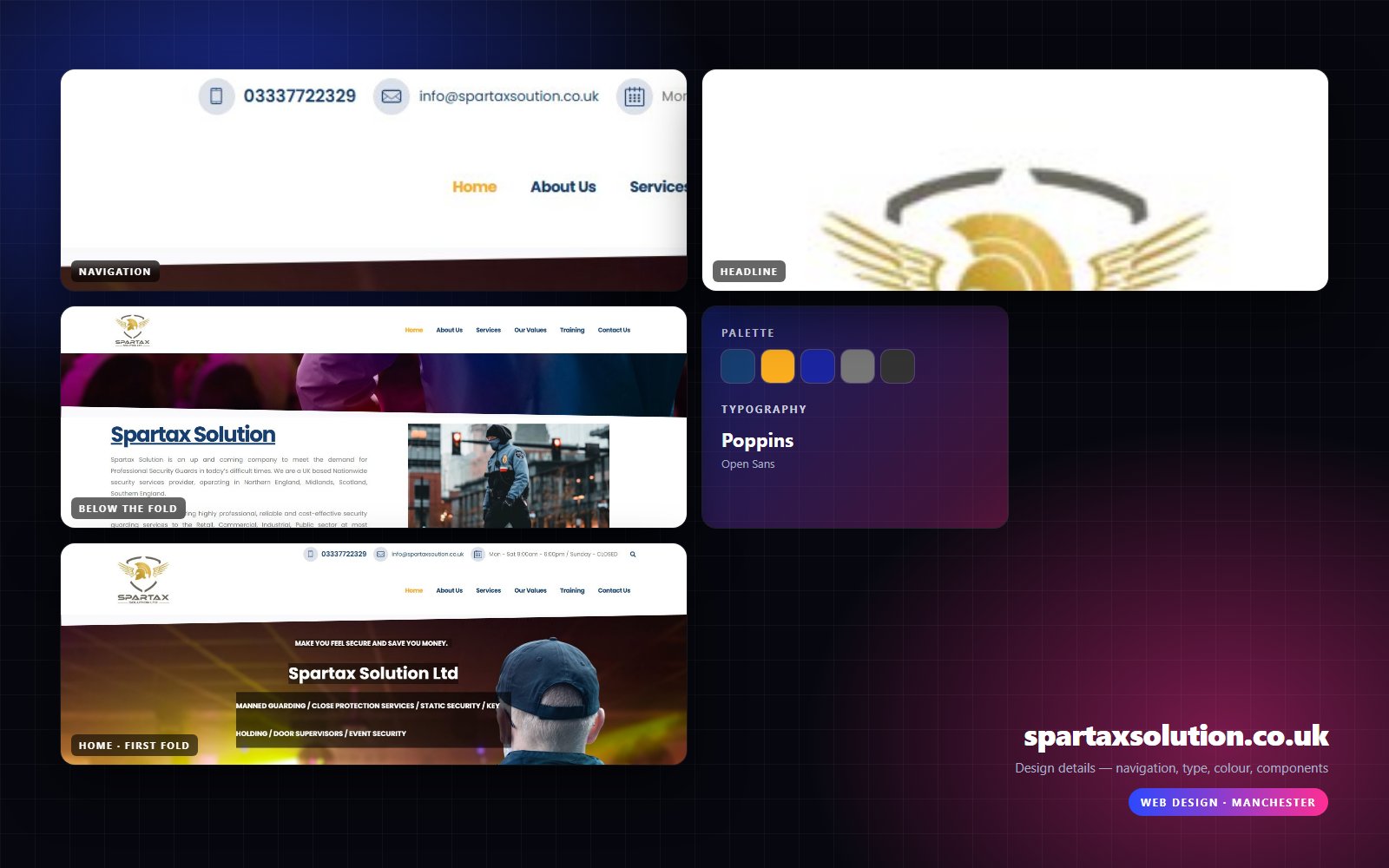 Design details from Spartax Solution: navigation, headline, buttons, colour and type