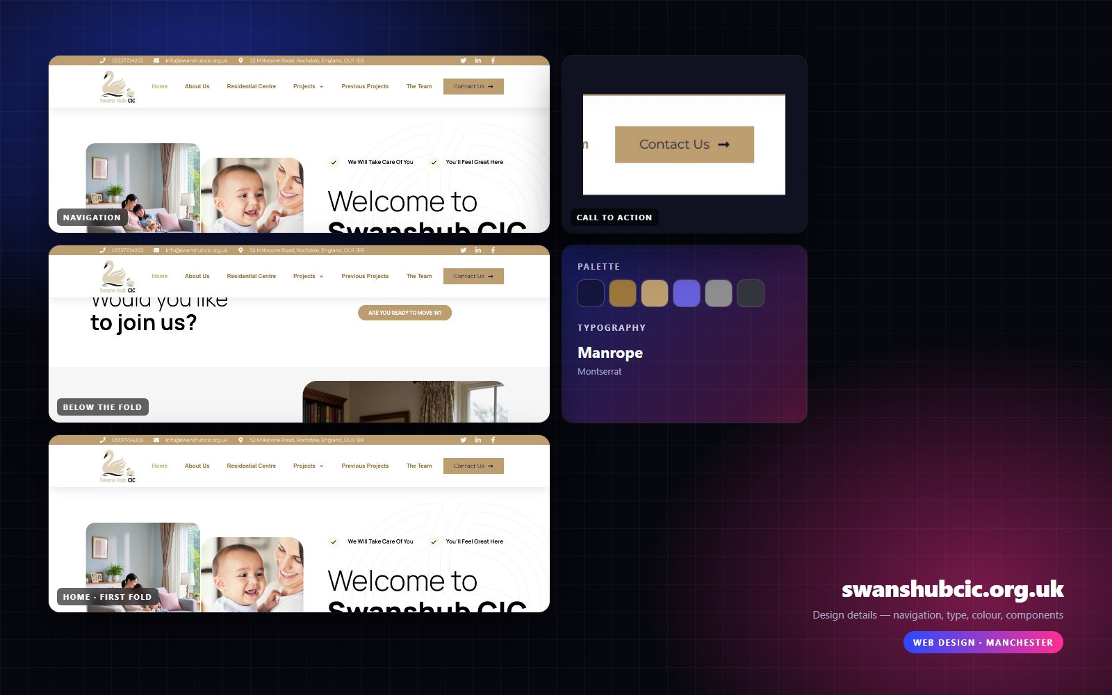Design details from Swanshub CIC: navigation, headline, buttons, colour and type